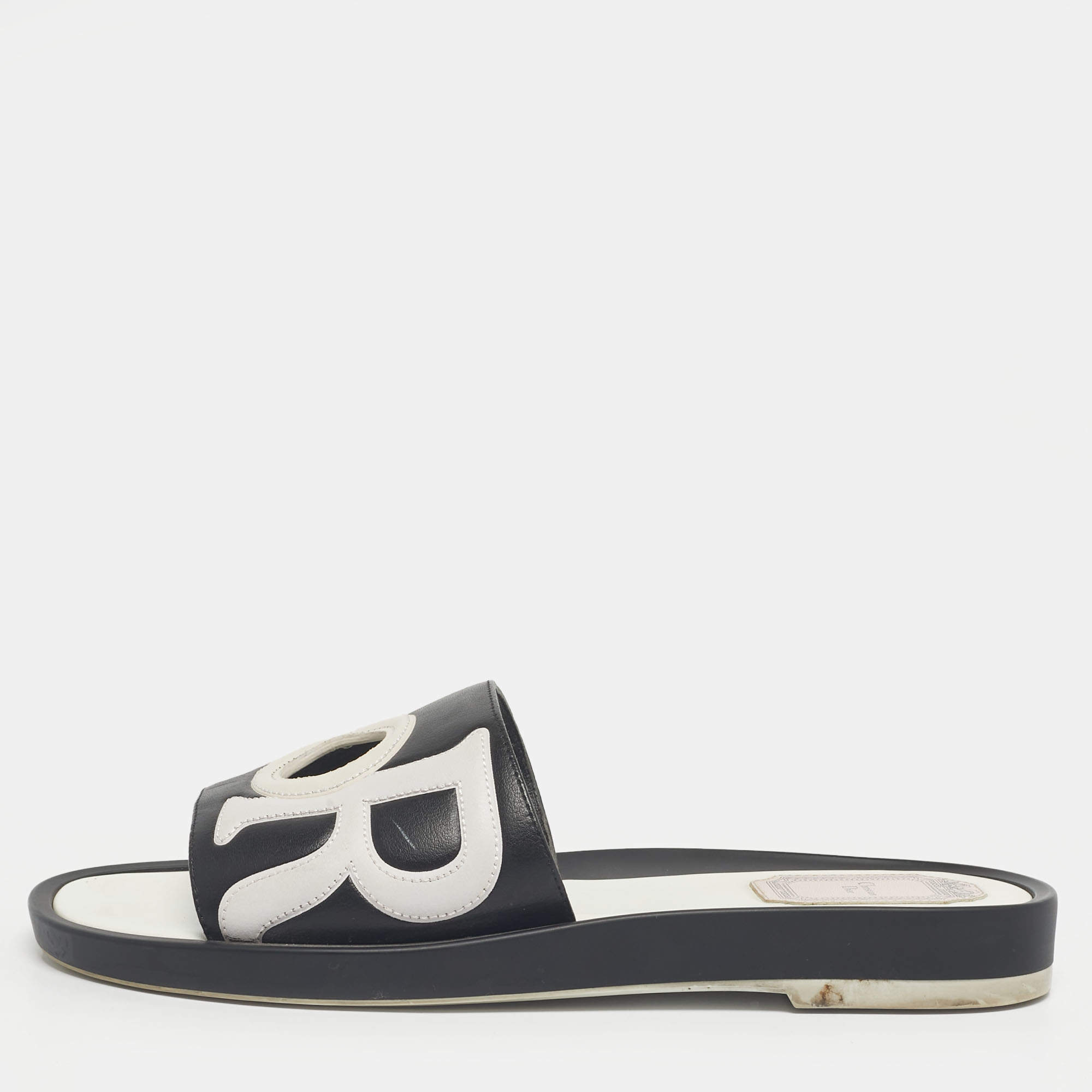 مملوكة مسبقًا Dior Black/White Leather Marina Flat Slides Size 37