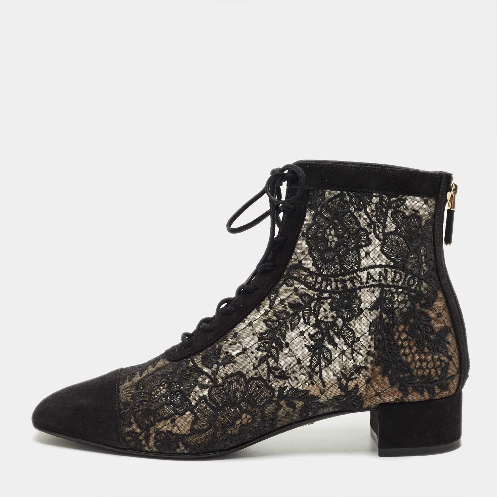 Pre Owned Dior Black Lace and Suede Naughtily D Ankle Length Boots Size 38.5