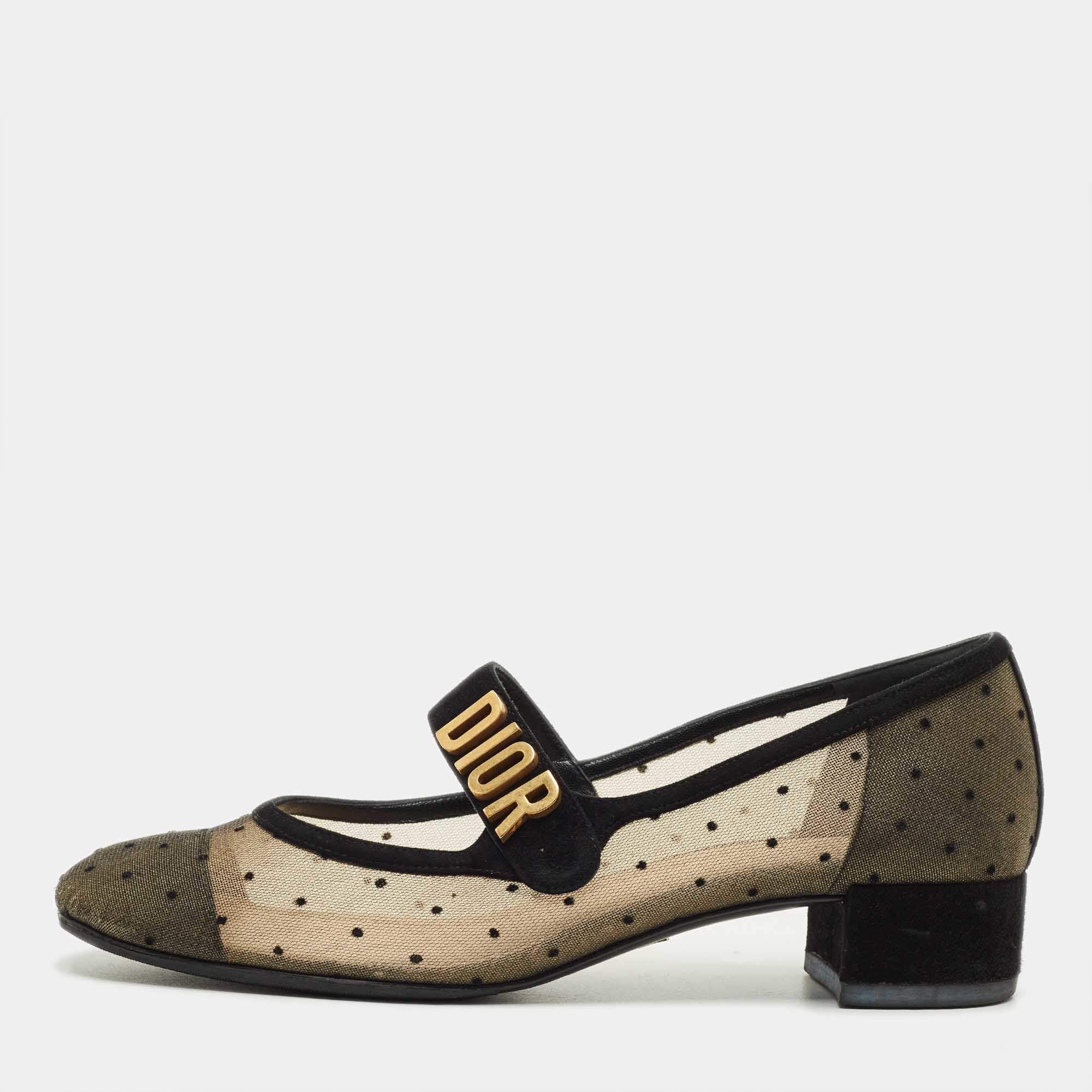 Pre Owned Dior Beige/Black Mesh and Suede Mary Jane Pumps Size 39