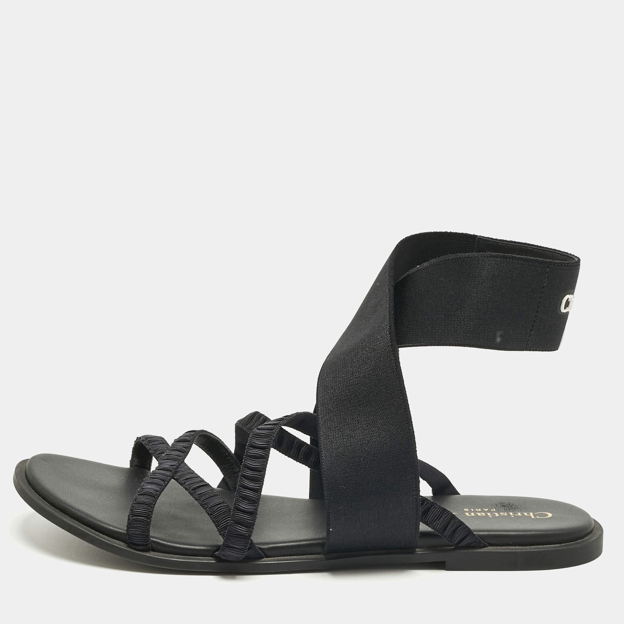 مملوكة مسبقًا Dior Black Fabric Elastic Straps Flat Sandals Size 40