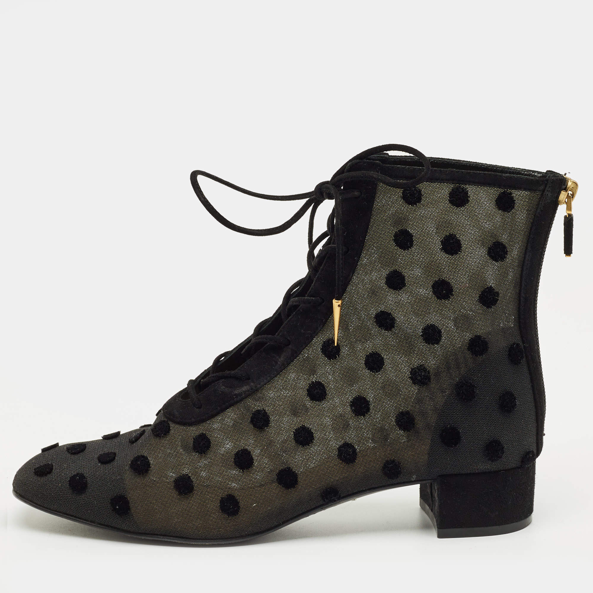 Pre Owned Dior Black Lace and Suede Naughtily D Ankle Length Boots Size 38.5
