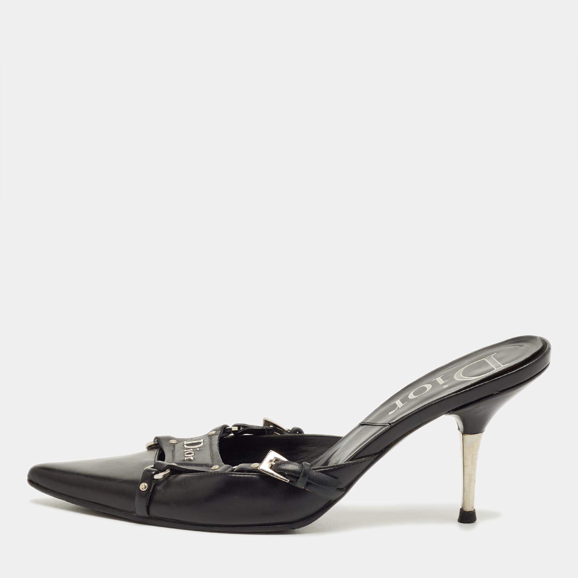 Pre Owned Dior Black Leather Pointed Toe Mules Size 36.5