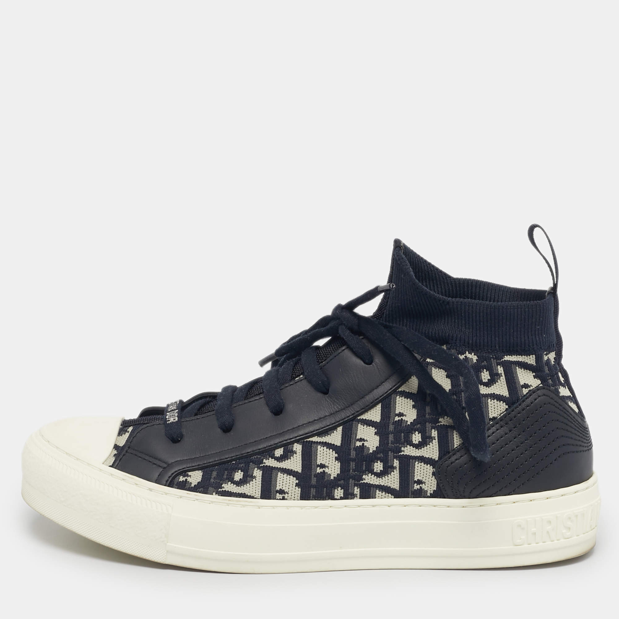 Pre Owned Dior Navy Blue Knit Fabric and Leather Walk'n'Dior Mid Top Sneakers Size 38