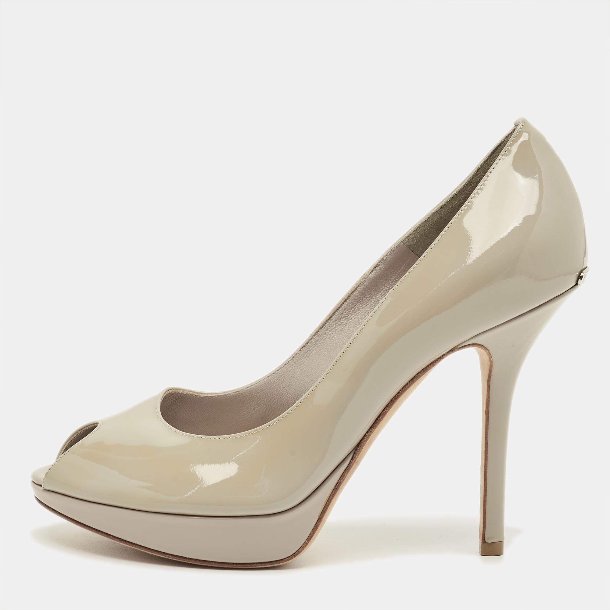 Pre Owned Dior Grey Patent Leather Peep Toe Platform Pumps Size 36.5