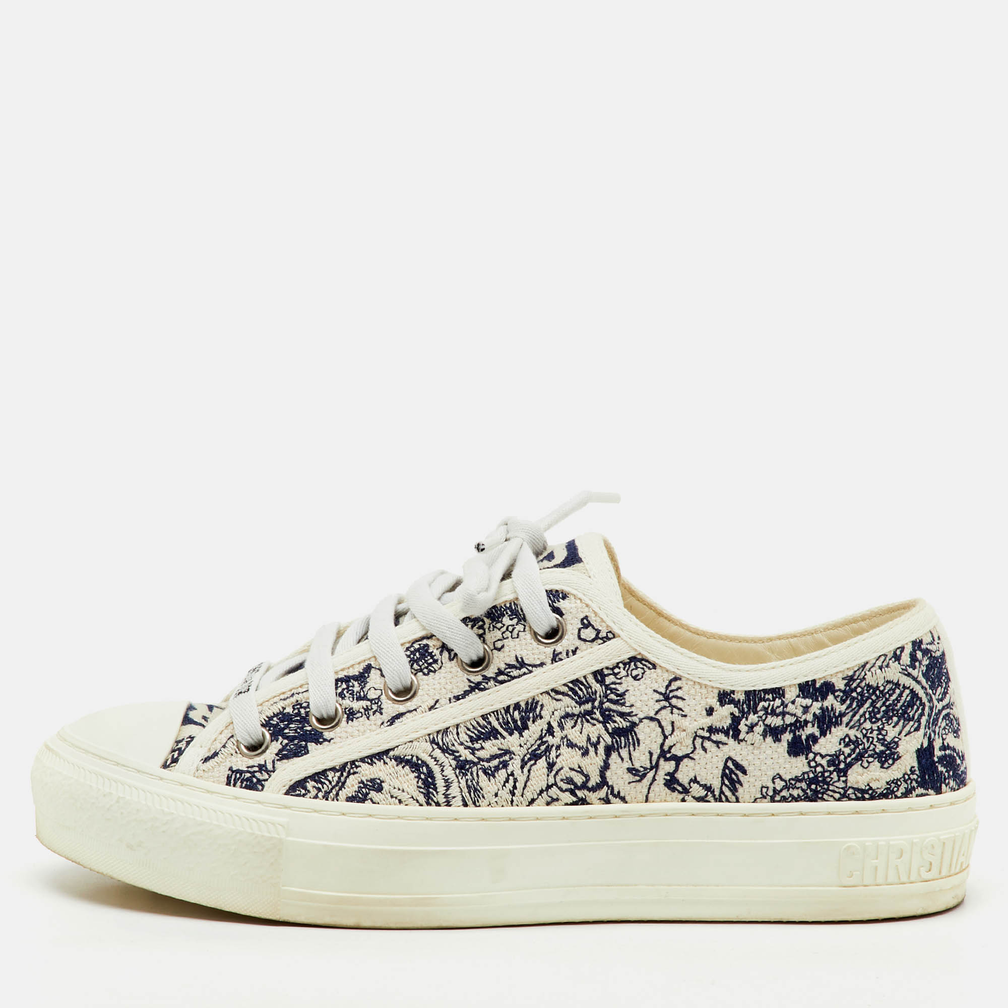 Pre Owned Dior Navy Blue/White Embroidered Canvas Walk'n'Dior Low Top Sneakers Size 37.5