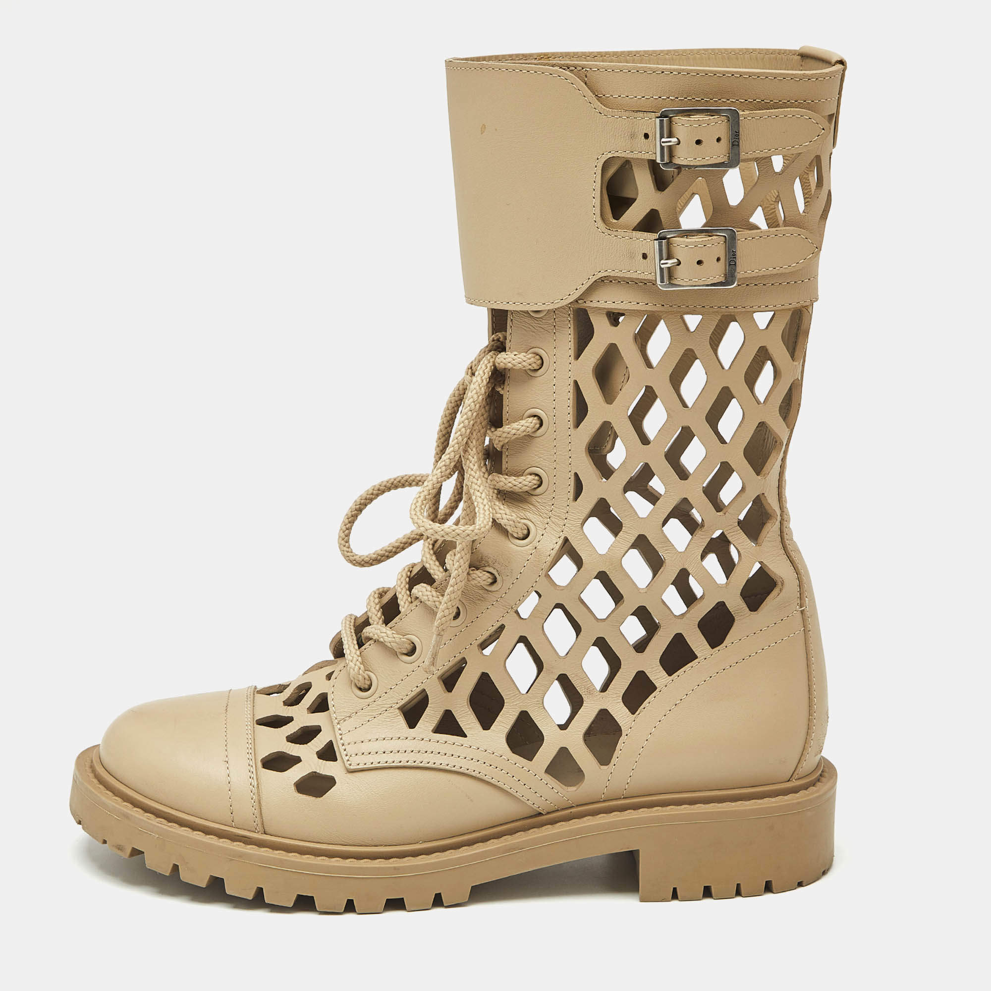 Pre Owned Dior Beige Leather Laser Cut Accents Combat Boots Size 37.5