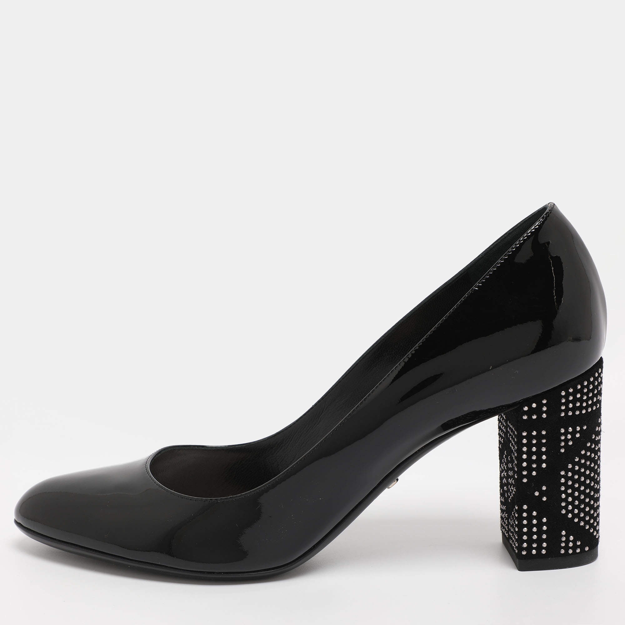 Pre Owned Dior Black Patent Leather Embellished Block Heel Pumps Size 39.5