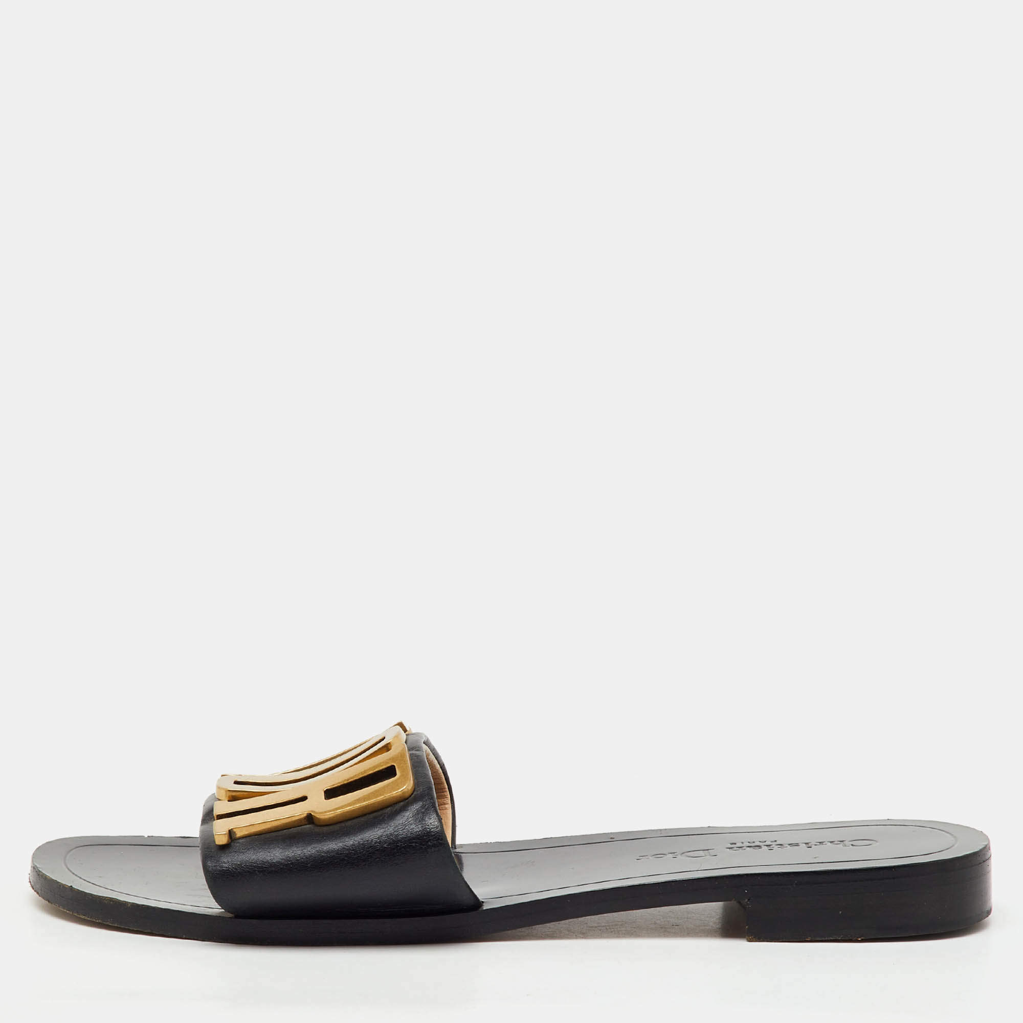 Pre Owned Dior Black Leather Diorevolution Logo Flat Slide Sandals Size 39