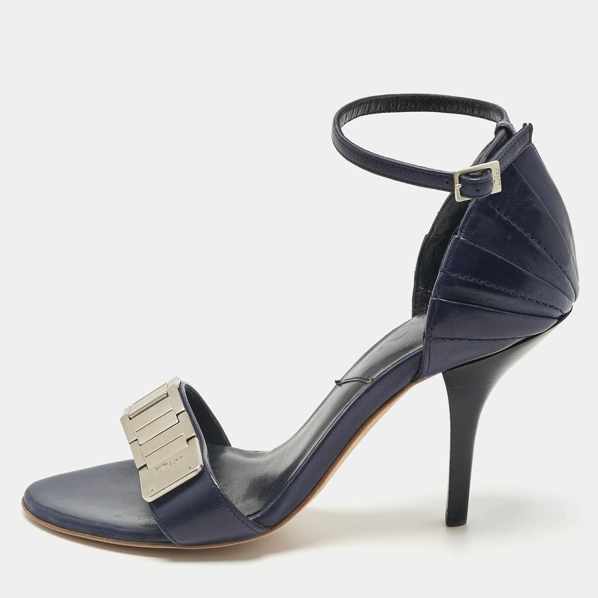 Pre Owned Dior Navy Blue Leather Open Toe Ankle Strap Sandals Size 35