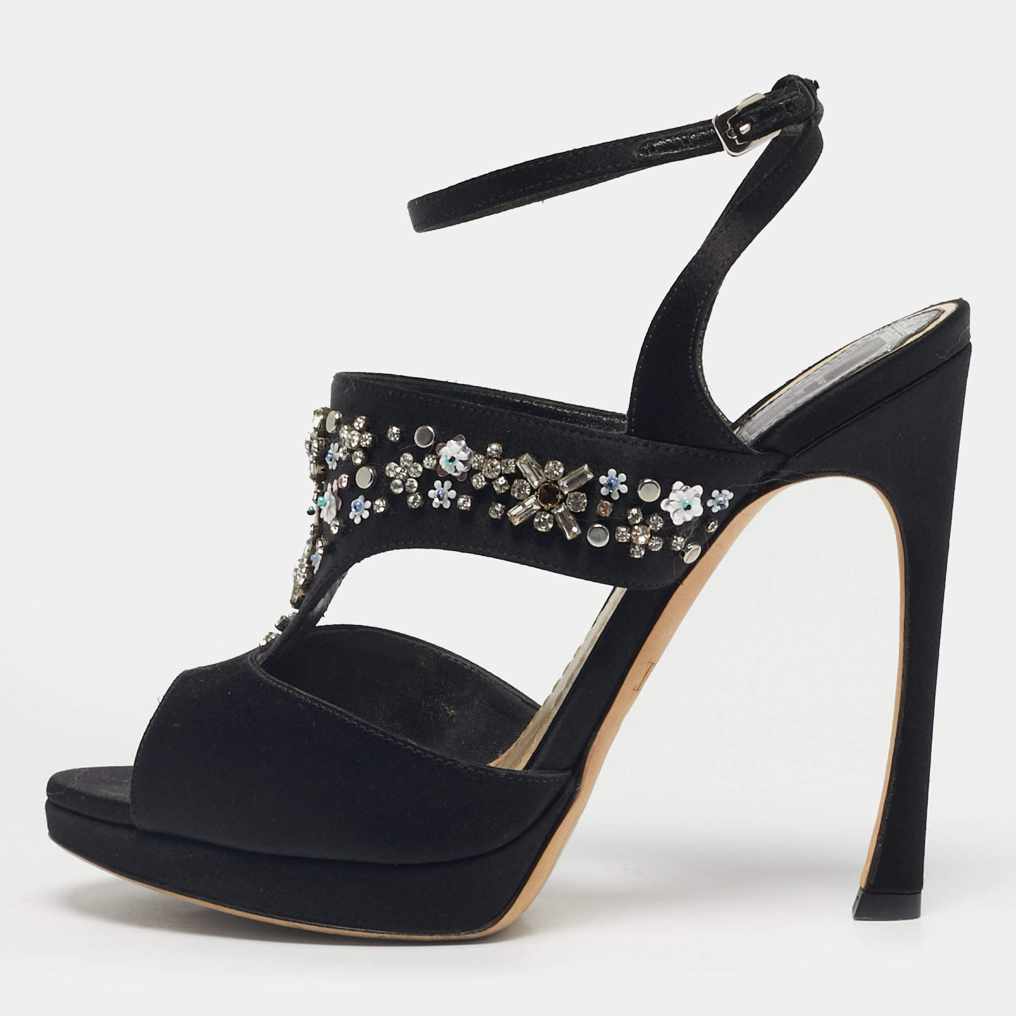 Pre Owned Dior Black Satin Crystal Embellished Ankle Strap Sandals Size 37.5