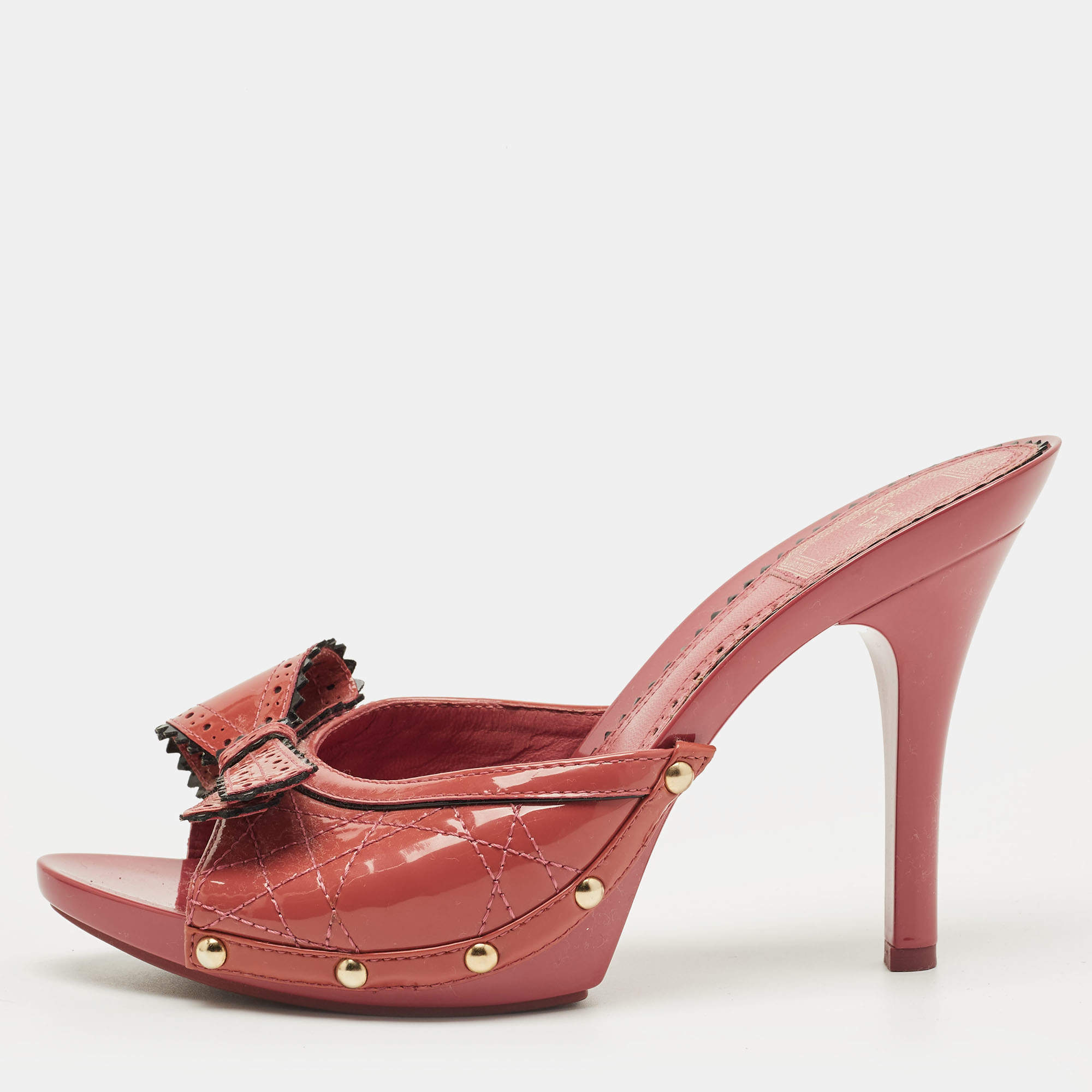 Pre Owned Dior Pink Patent Leather Bow Slide Sandals Size 37.5