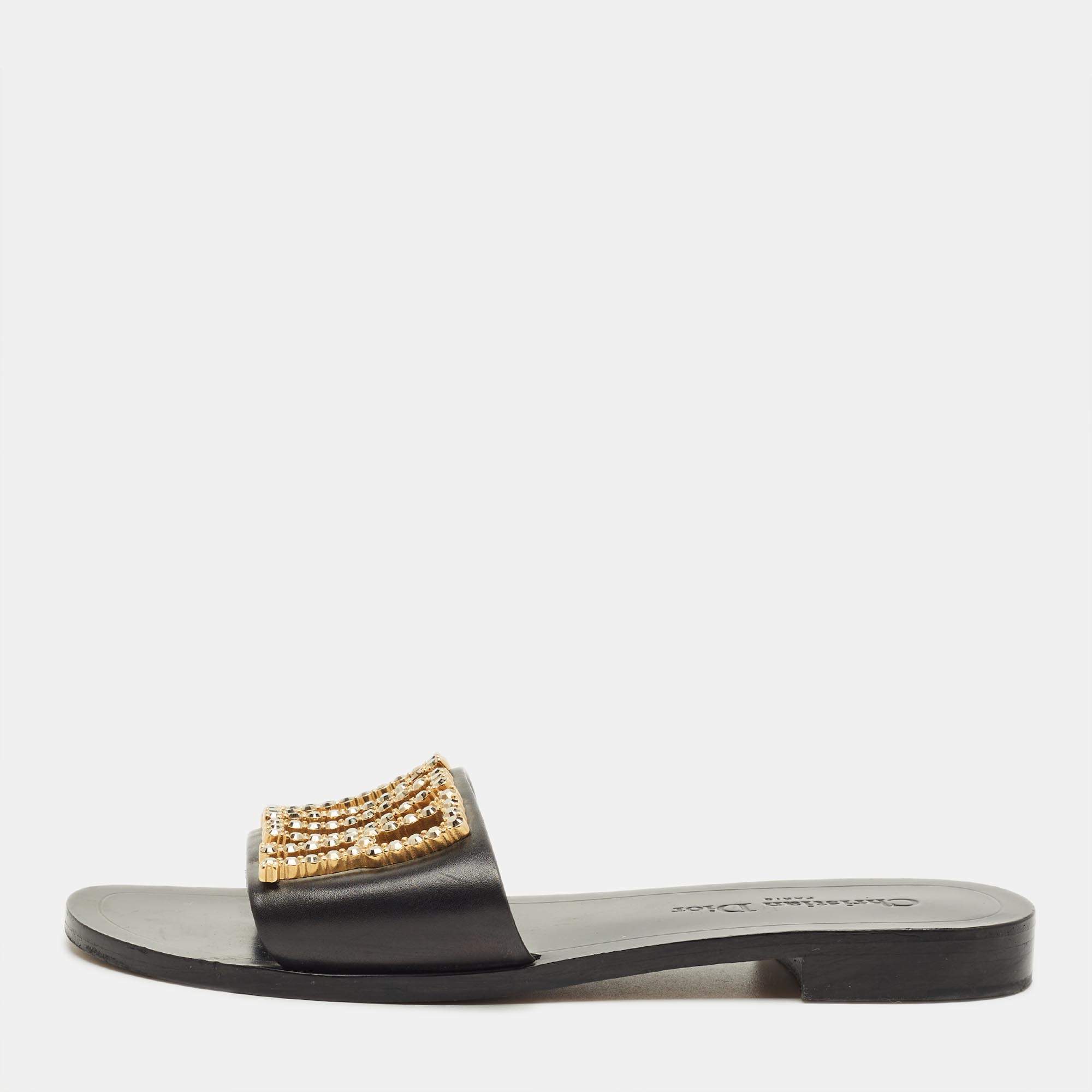 Pre Owned Dior Black Leather Dior Evolution Flat Slides Size 38