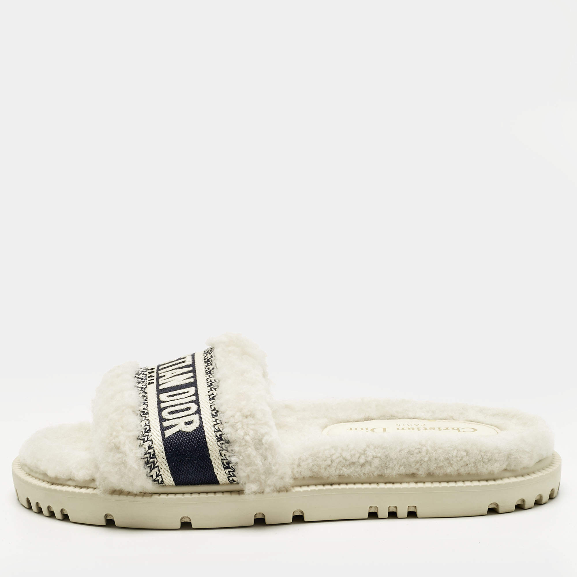 Pre Owned Dior White/Navy Blue Shearling Fur and Logo Canvas Dway Flat Slides Size 38