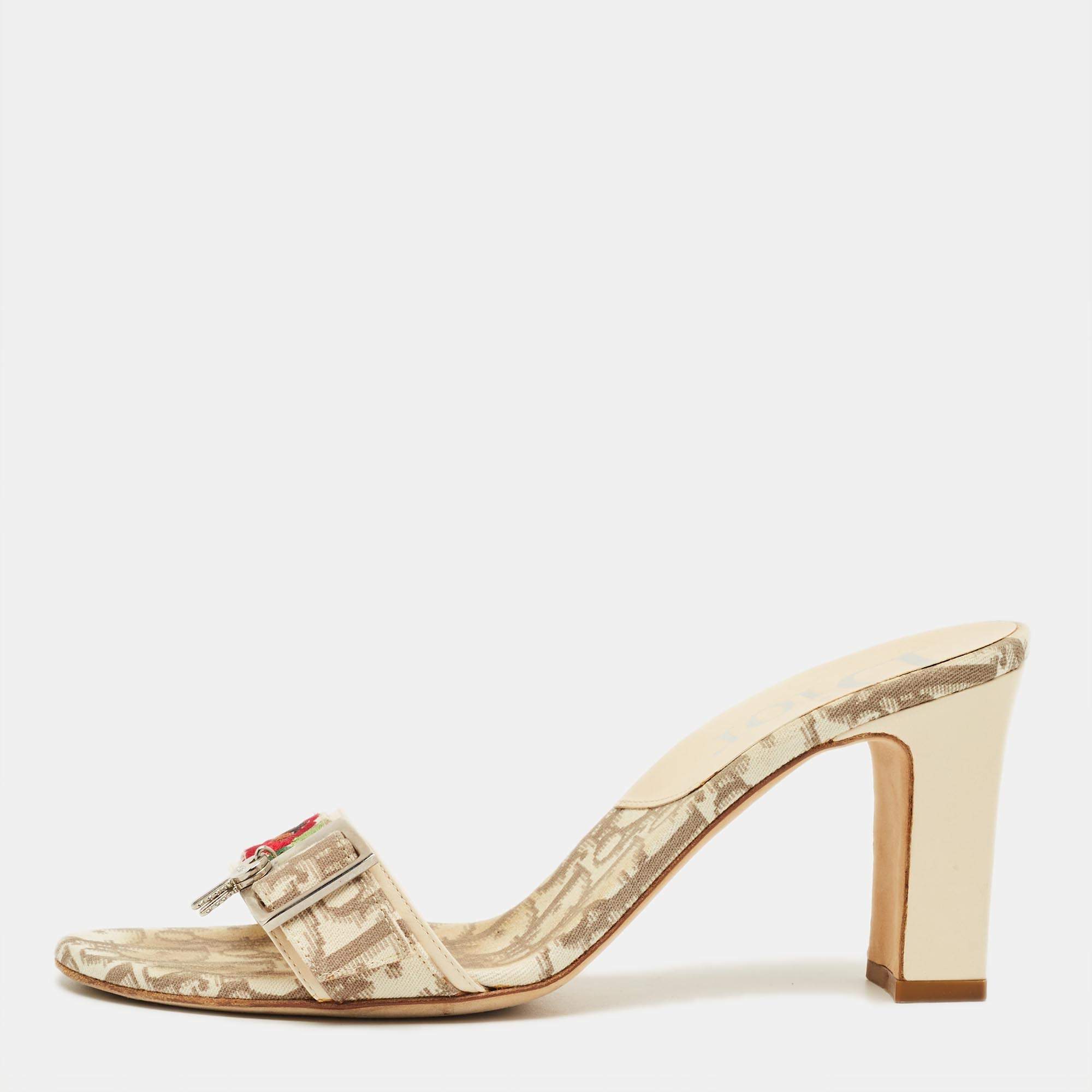Pre Owned Dior Beige Coated Canvas Flower Embroidered Slide Sandals Size 37