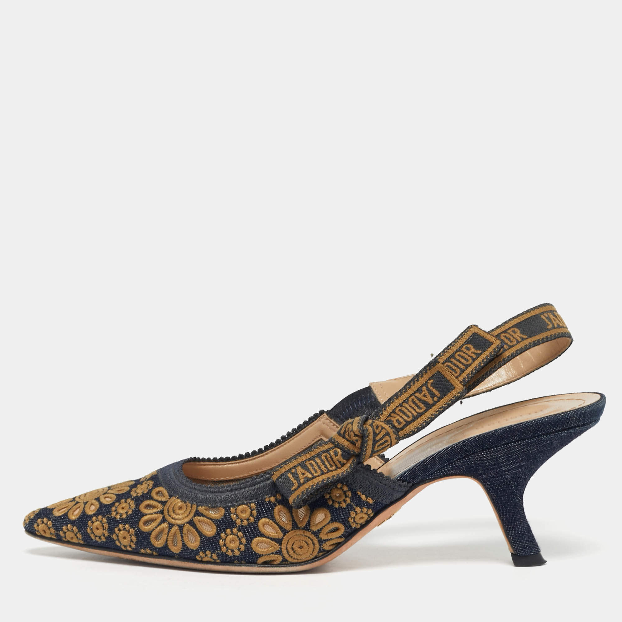 Pre Owned Dior Navy Blue/Yellow Embroidered Canvas J'Adior Slingback Pumps Size 38