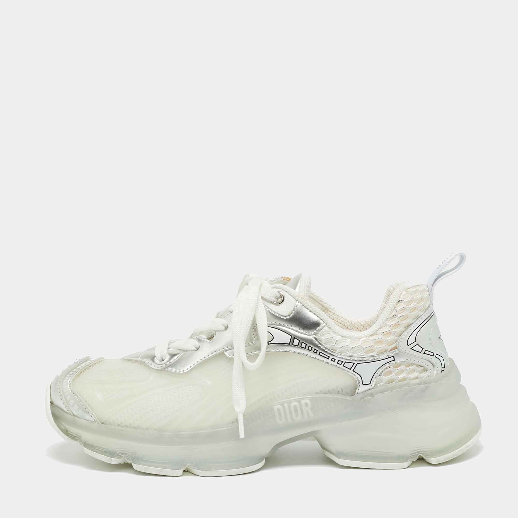 Pre Owned Dior White/Silver Mesh and Leather Vibe Sneaker Size 36