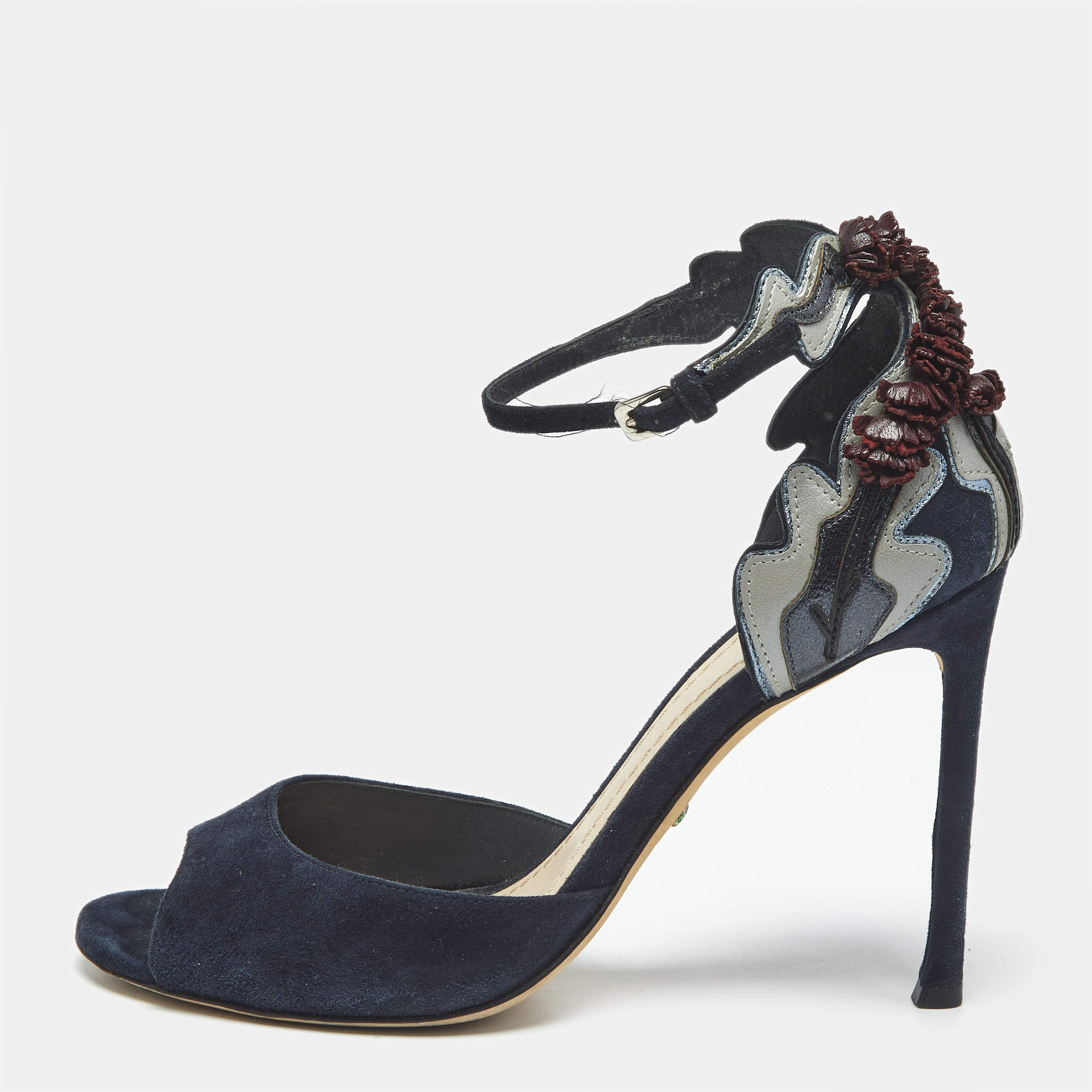 Pre Owned Dior Navy Blue/Black Leather and Suede Ankle Strap Sandals Size 38