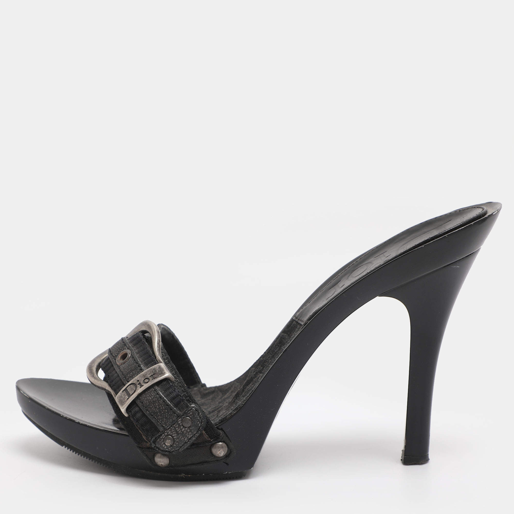 Pre Owned Dior Black Canvas And Leather Buckle Open Toe Sandals Size 35