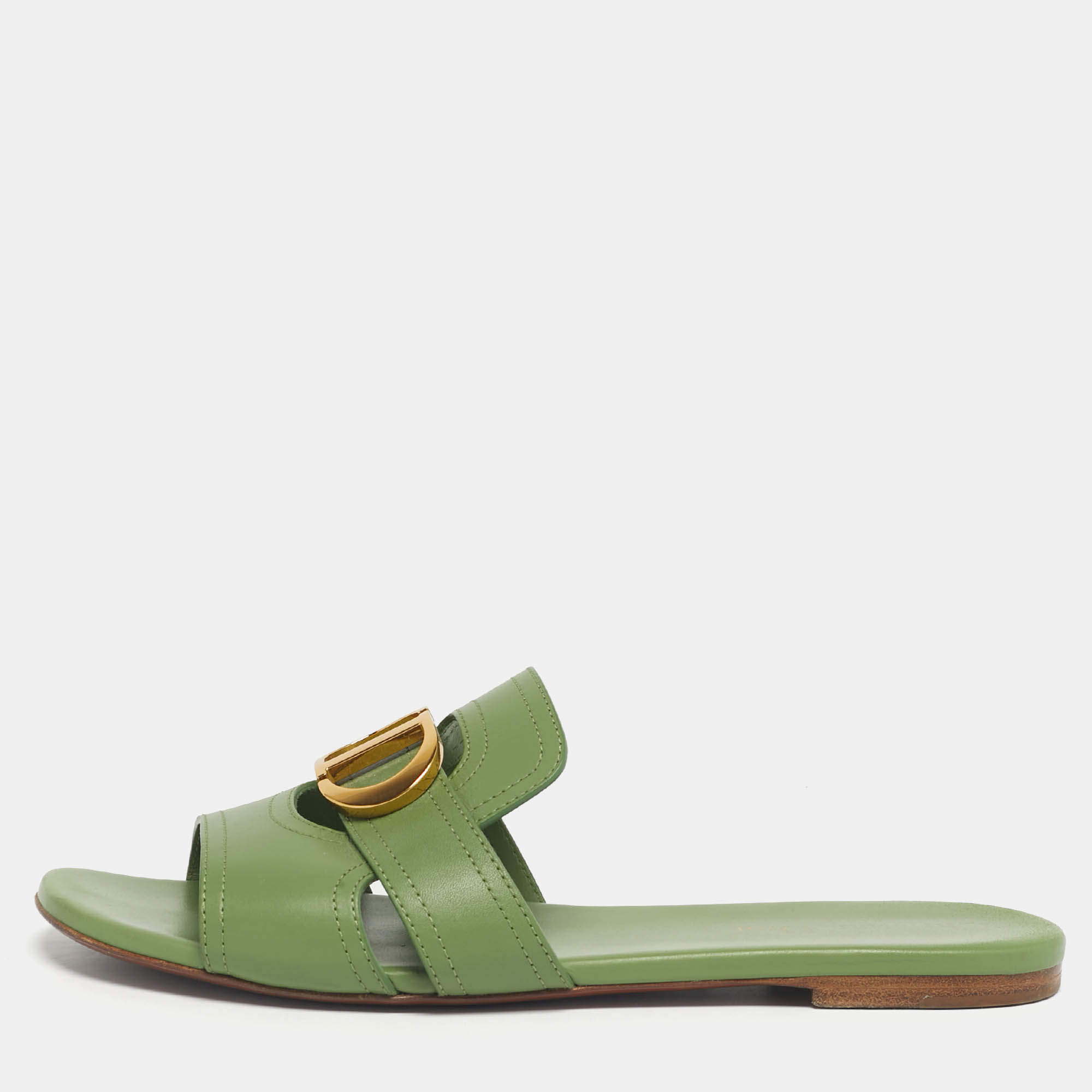 Pre Owned Dior Green Leather 30 Montaigne Flat Sandals Size 38.5