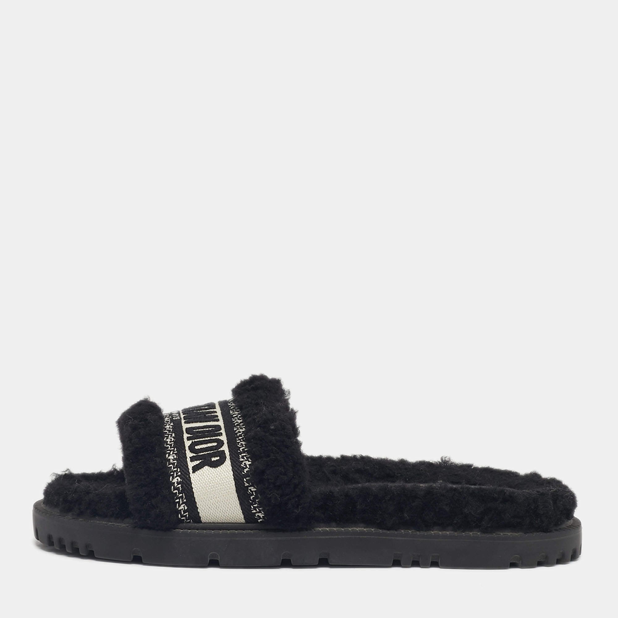 Pre Owned Dior Black/White Shearling Fur Dway Flat Slide Sandals Size 38.5