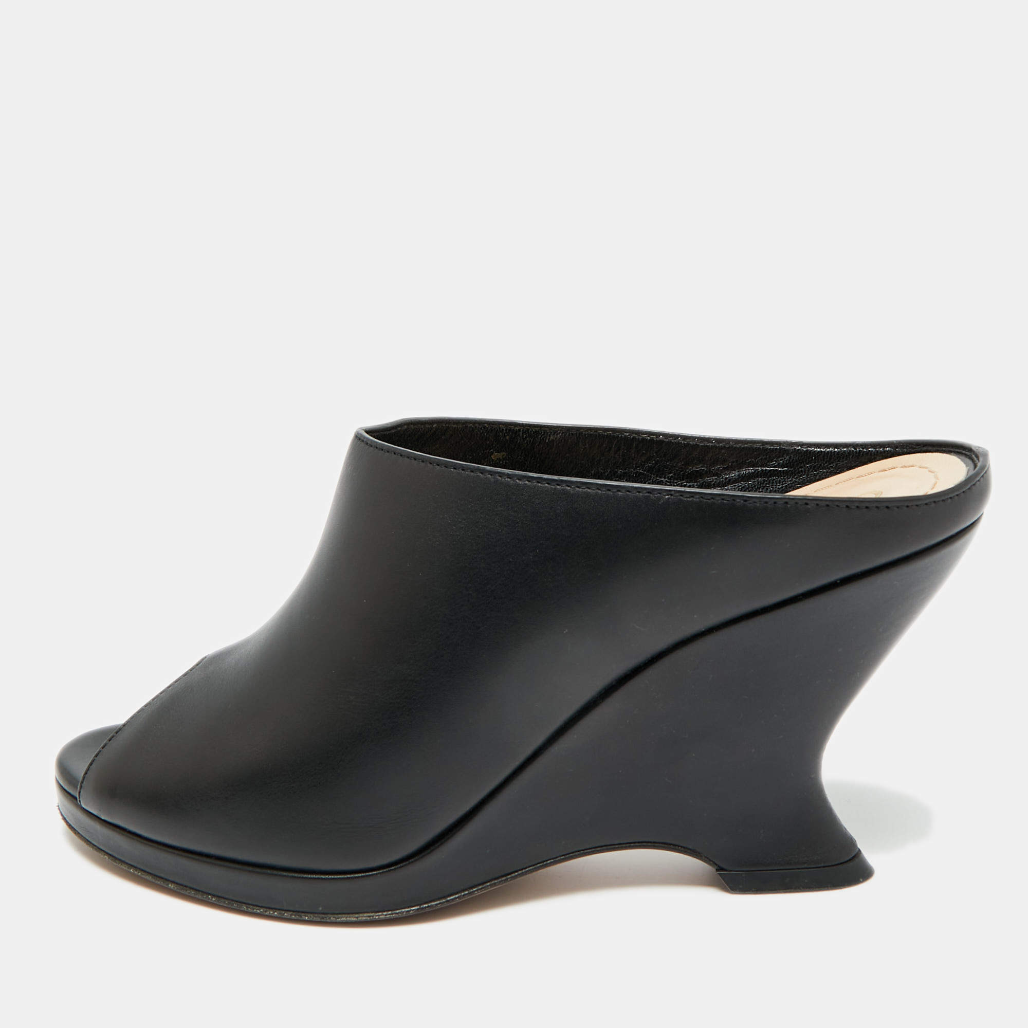 Pre Owned Dior Black Leather Peep Toe Wedge Slide Sandals Size 38