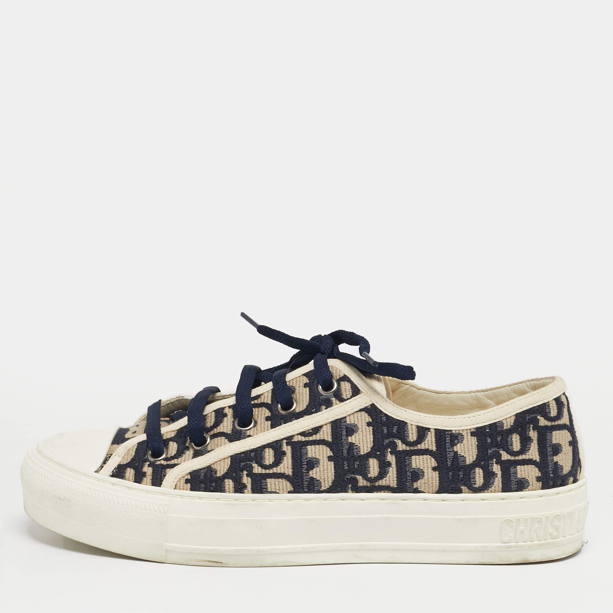 Pre Owned Dior Navy Blue/White Embroidered Canvas Walk'n'Dior Low Top Sneakers Size 38.5