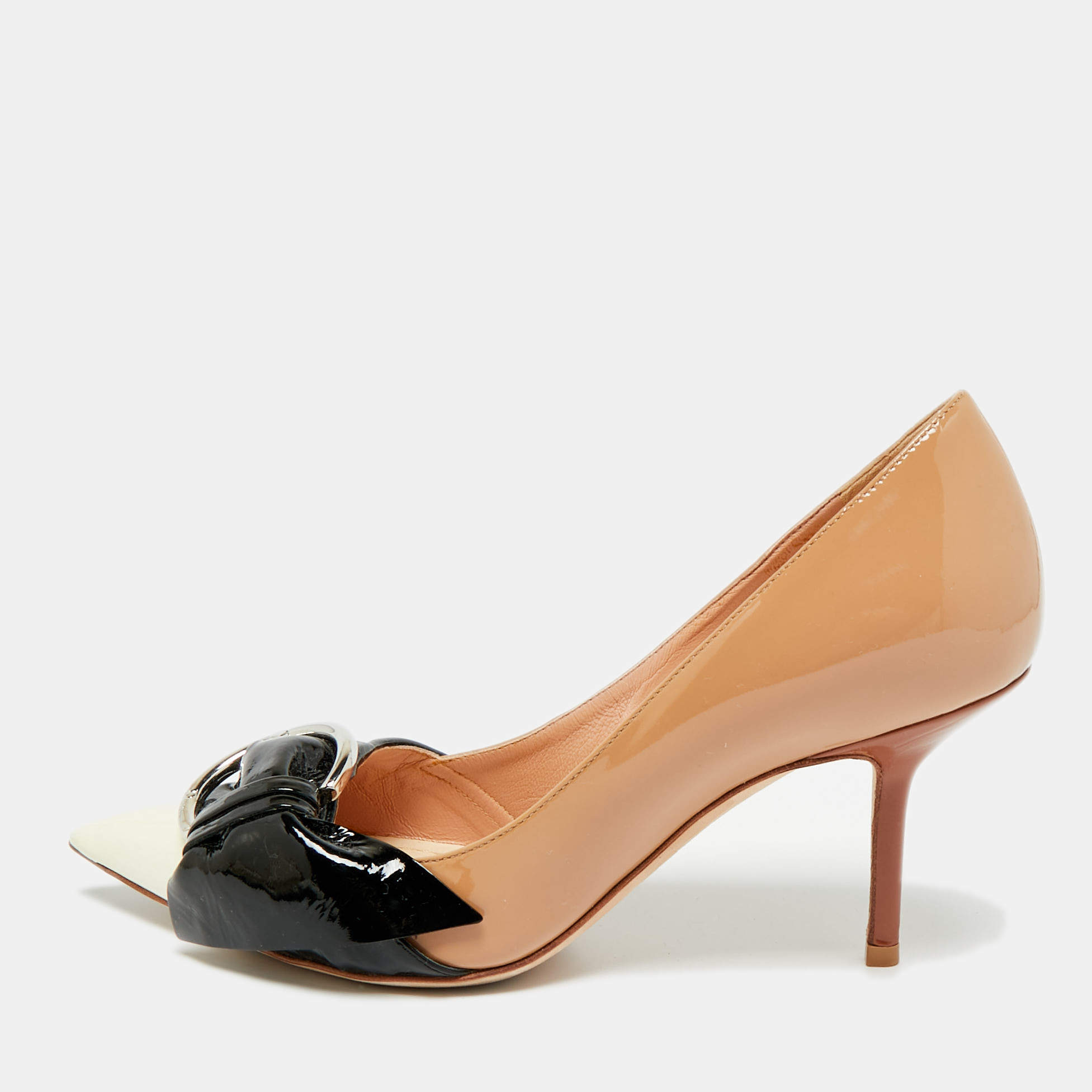 Pre Owned حذاء كعب عالي ديور مقدمة مدببة جلد لامع بيج/أسود فيونكة مشبك مقاس 37.5