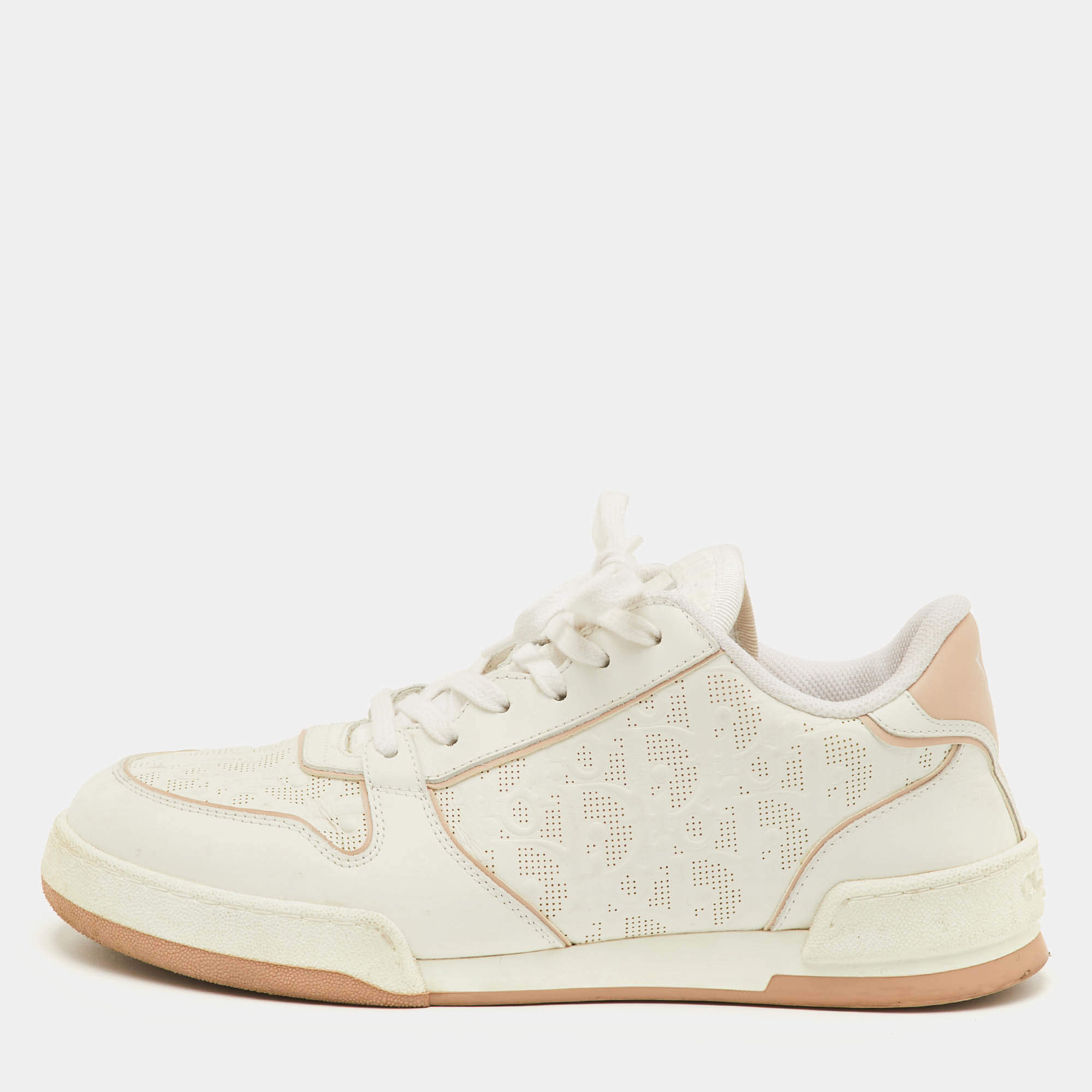 مملوكة مسبقًا حذاء رياضي ديور قماش جلود أبيض/بيج مخروق من الجلد نمط أوبليك مقاس 38