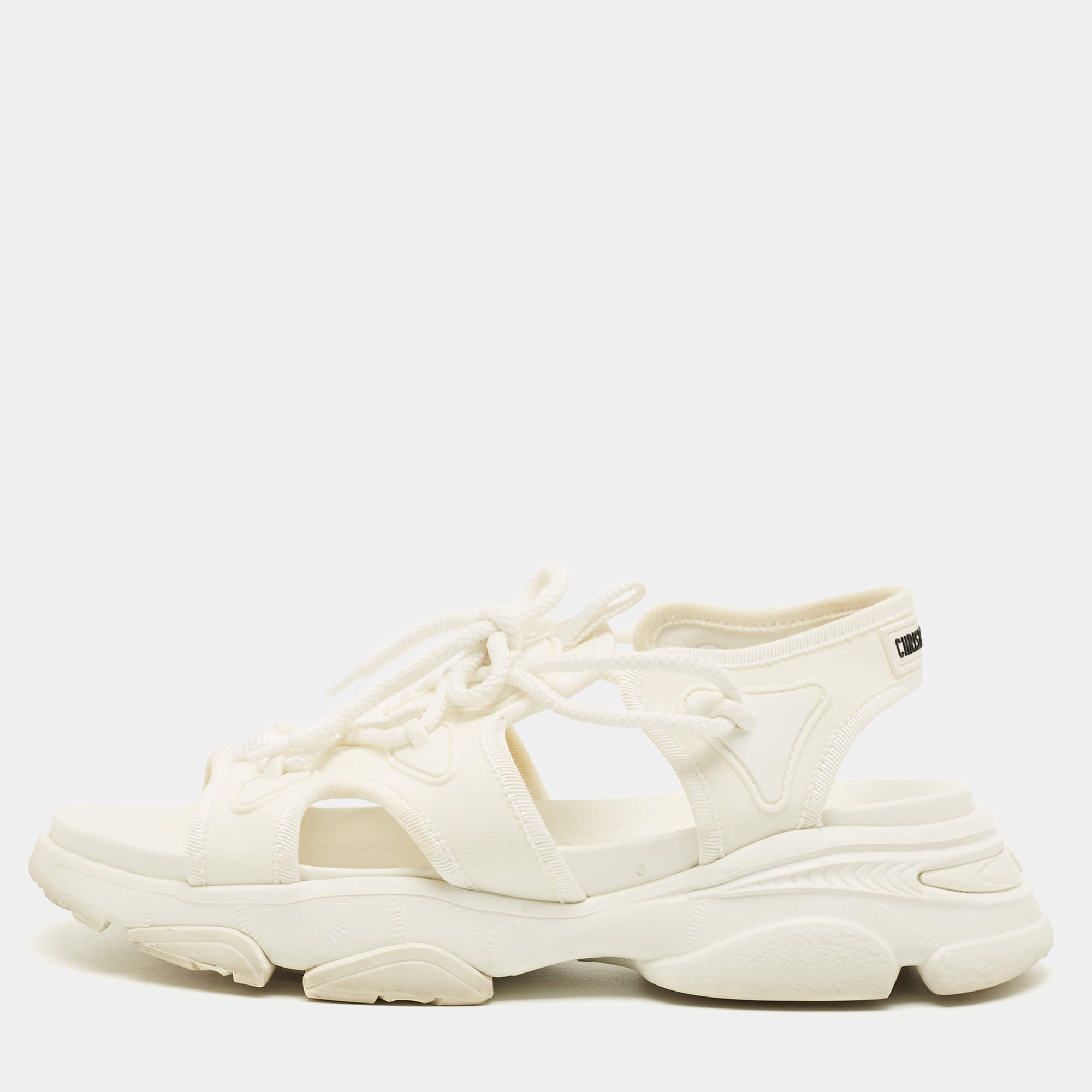 Pre Owned Dior D-Connect Size 38.5 White Fabric and Rubber Flat Sandals