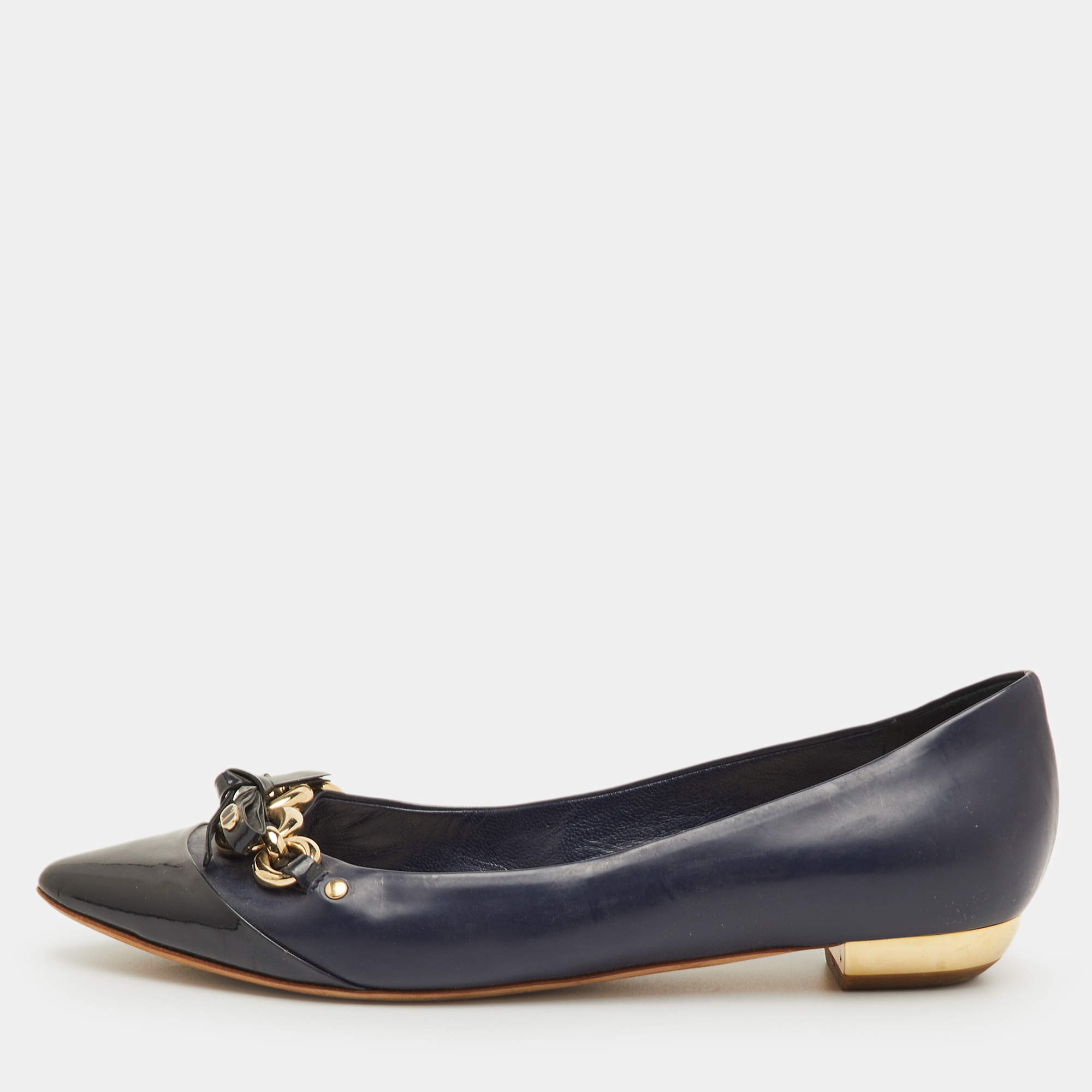مملوكة مسبقًا Dior Size 38 Two Tone Blue Patent Leather Bow Detail Pointed Toe Ballet Flats