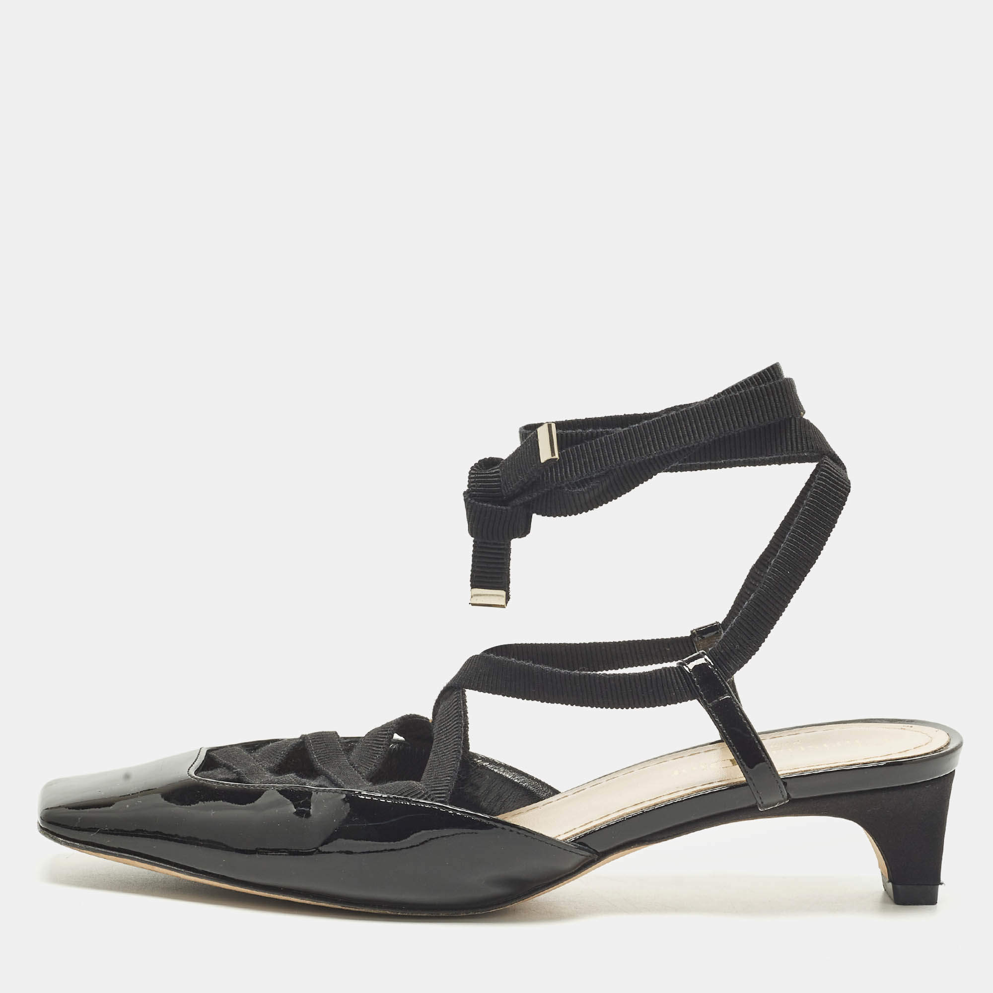 مملوكة مسبقًا حذاء كعب عالي ديور دانفول جلد برّاق أسود برباط مقاس 37.5