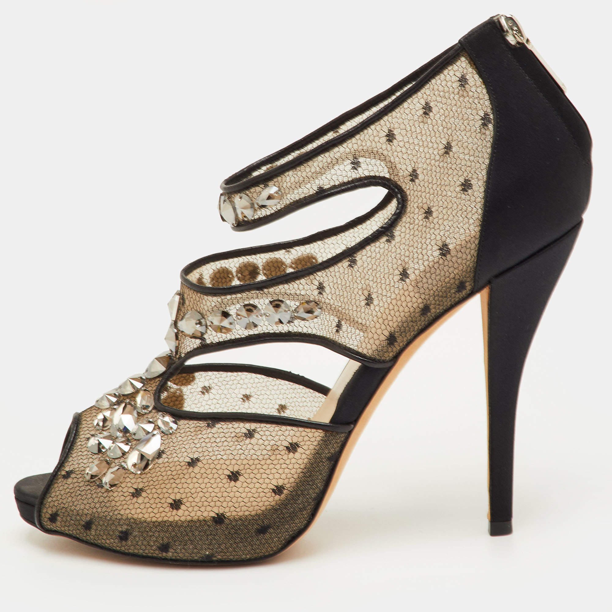 Pre Owned صندل بيب تو ديور شفاف ساتان أسود مزخرف بالكريستال ومفتوح من الجانب مقاس 39.5