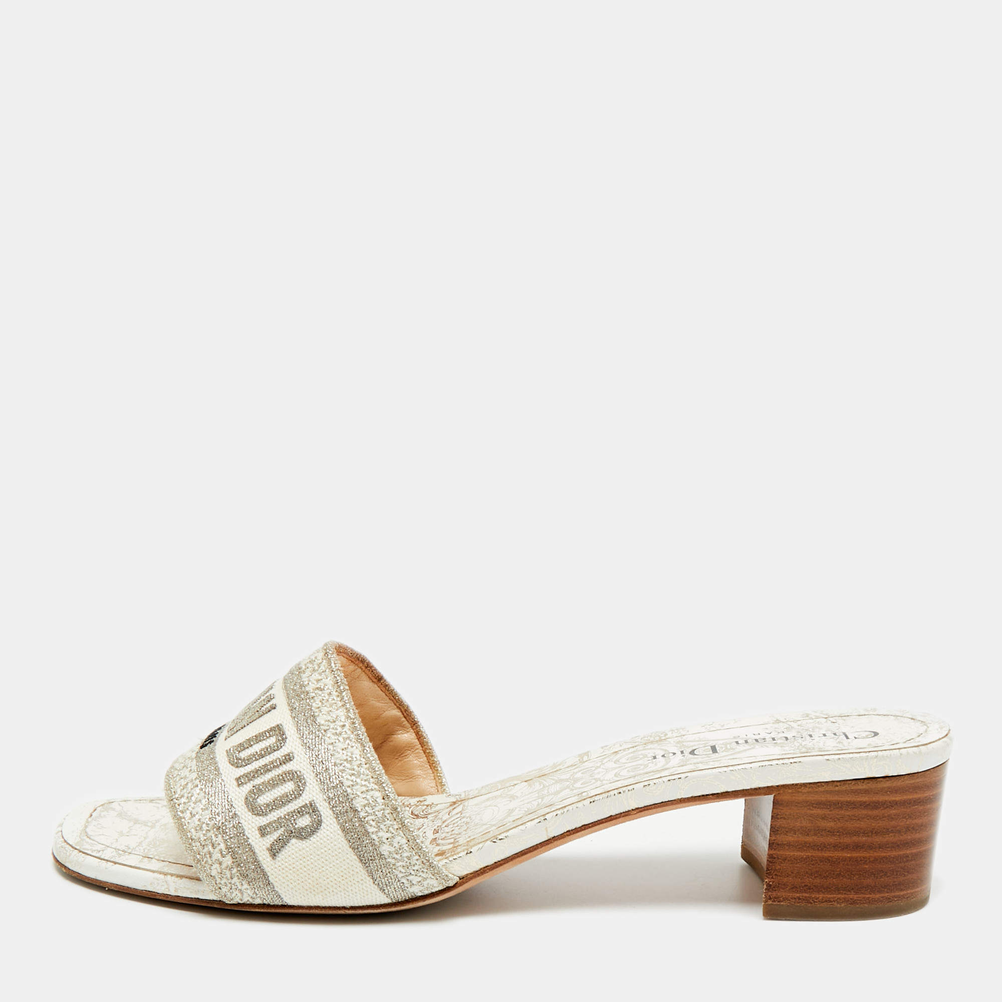 Pre Owned Dior Dway Size 40.5 Grey/Cream Canvas Slide Sandals