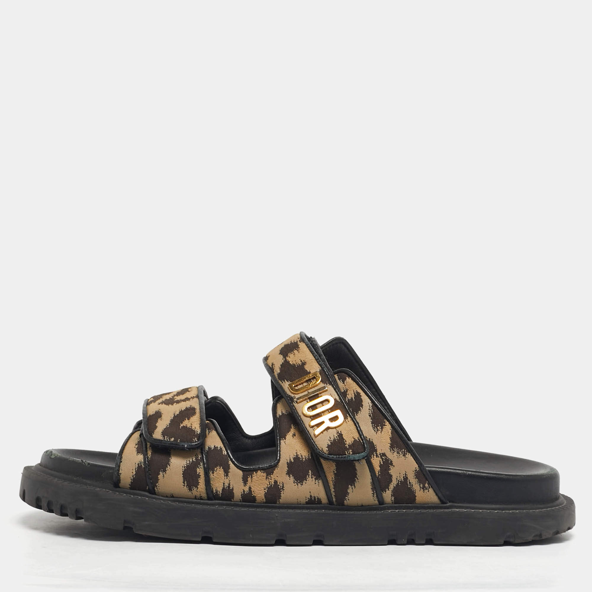 Pre Owned Dior DiorAct Size 38.5 Brown/Beige Canvas and Leather Flat Sandals