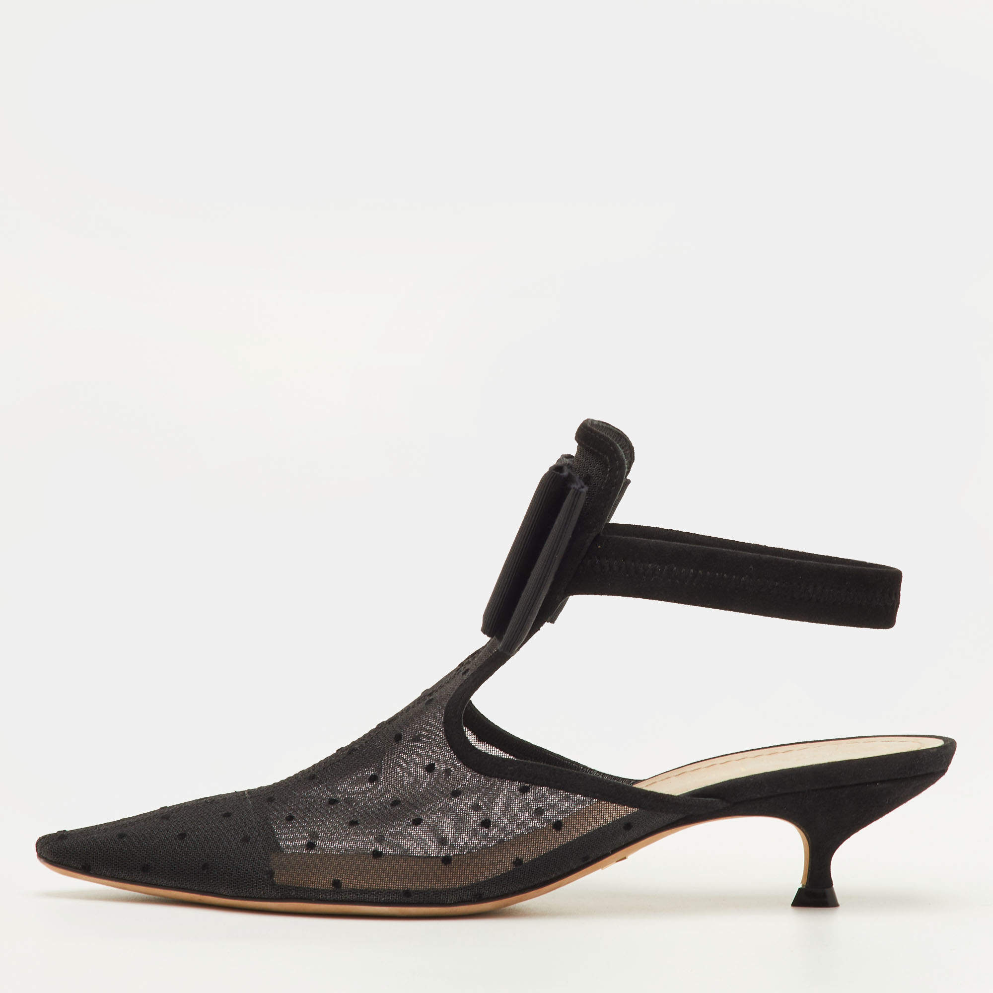 مملوكة مسبقًا حذاء ديور مسطح ظهر مفتوح شبكة سوداء وزخرفة شامواه مرقط وربطة مقاس 40