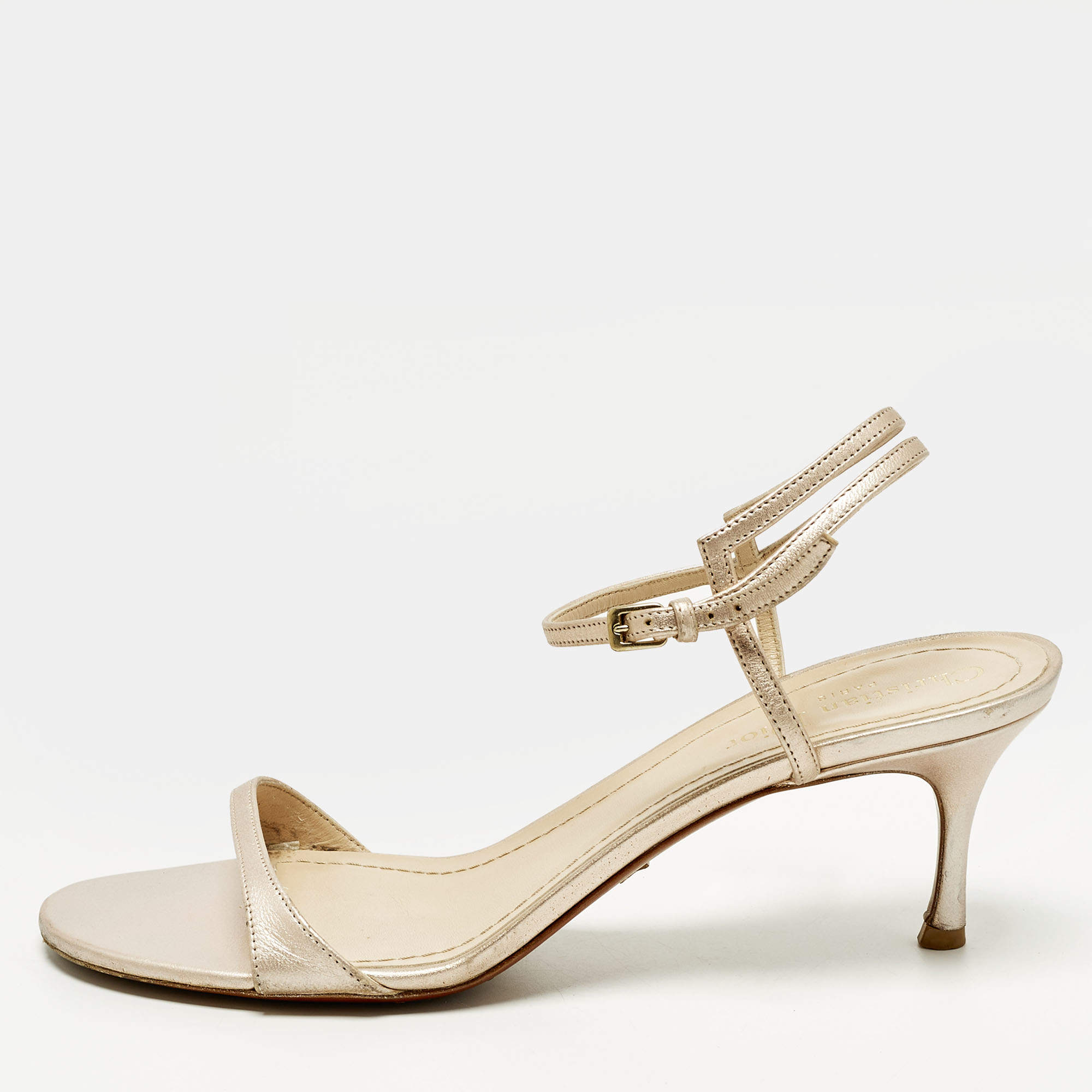 Pre Owned Dior Size 40.5 Gold Leather Ankle Strap Sandals