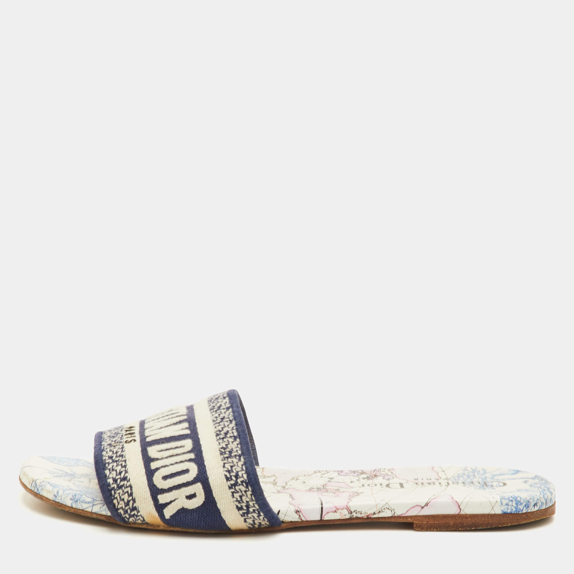 مملوكة مسبقًا Dior Dway Size 36 Navy Blue/White Embroidered Canvas Flat Slide Sandals