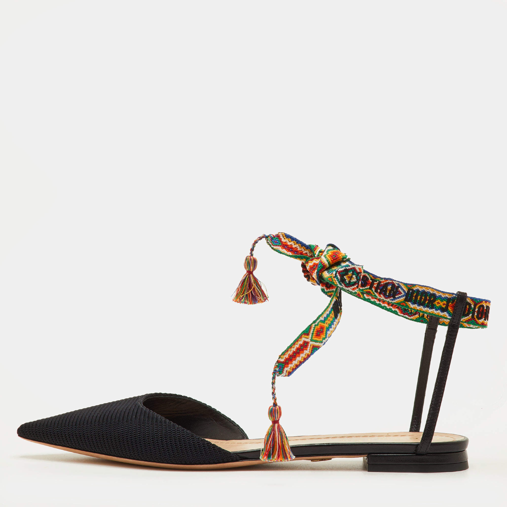 Pre Owned Dior J'Adior Size 41 Black Fabric Pointed Toe Ankle Wrap Flats