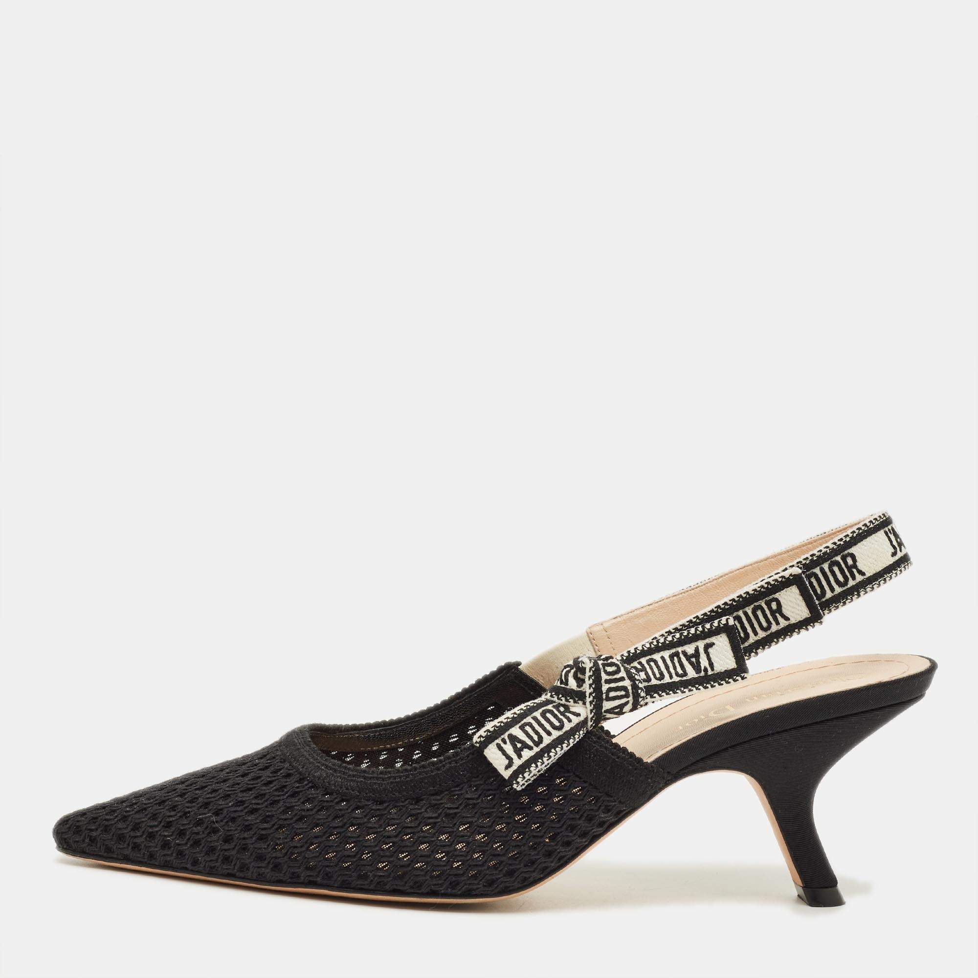 مملوكة مسبقًا Dior J'Adior Size 40 Black/White Knit Fabric Pointed Toe Slingback Pumps