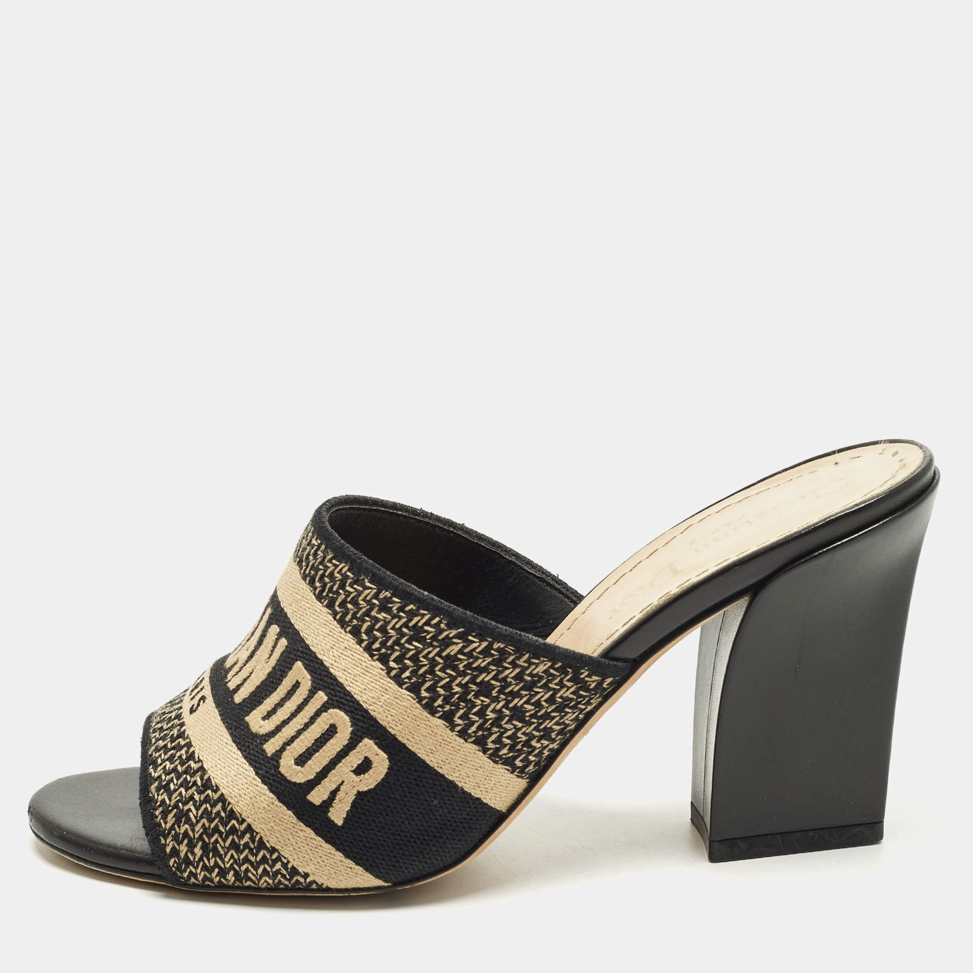 مملوكة مسبقًا Dior Dway Size 36 Black/Beige Embroidered Canvas Slide Sandals