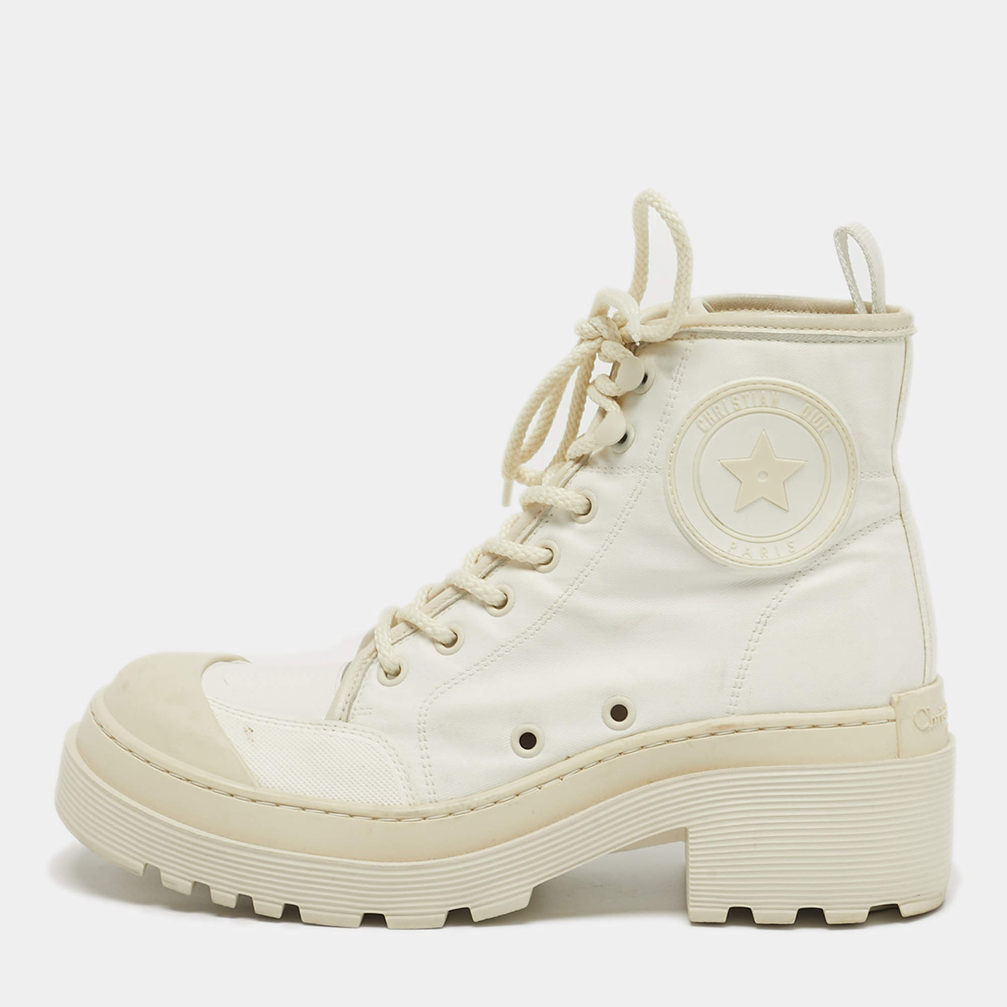 Pre Owned Dior Size 36.5 White Canvas and Leather Combat Boots