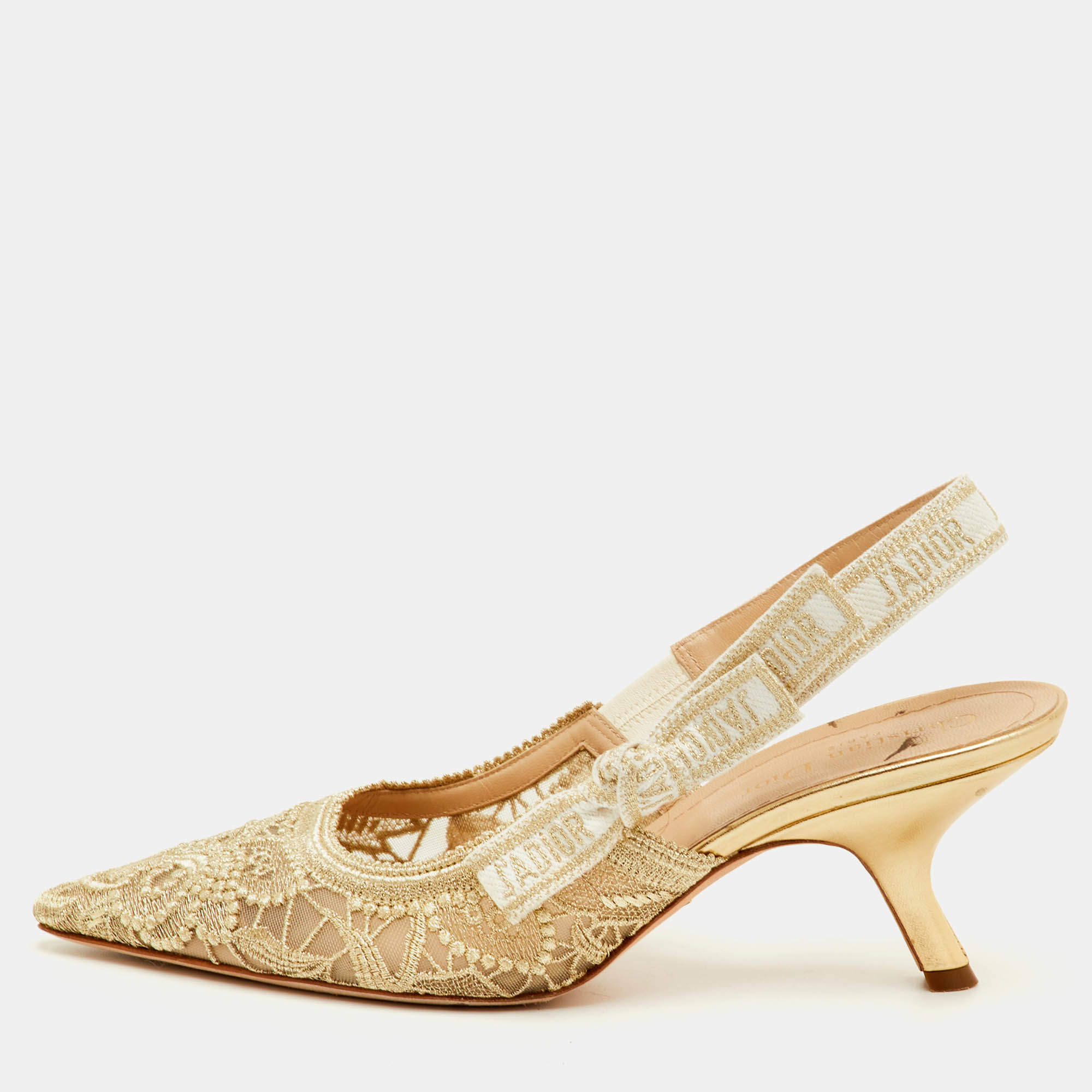 Pre Owned Dior J'Adior Size 40 Gold Metallic Mesh Embroidered Slingback Pumps