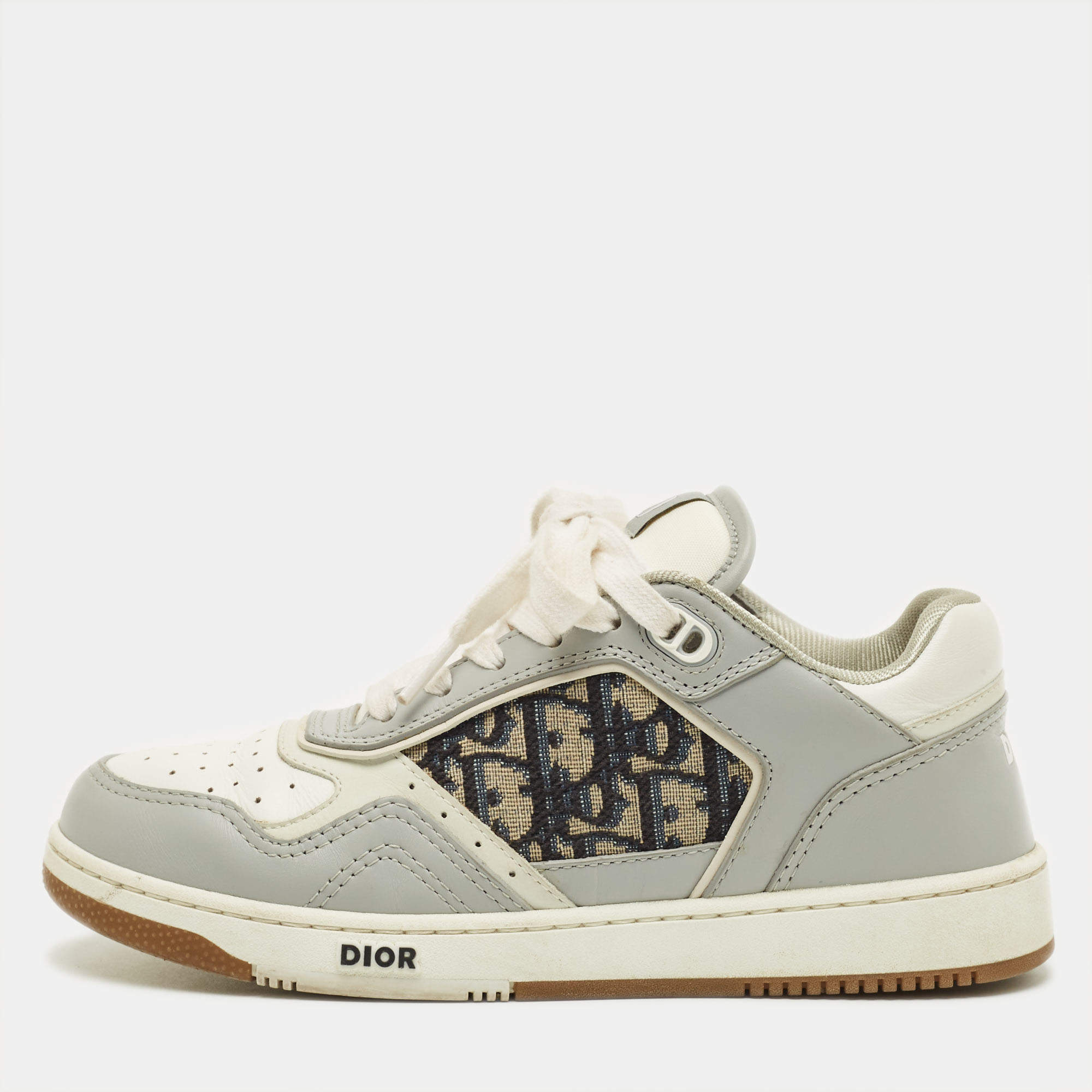 Pre Owned Dior B27 Size 37 Grey Canvas and Leather Lace Up Sneakers