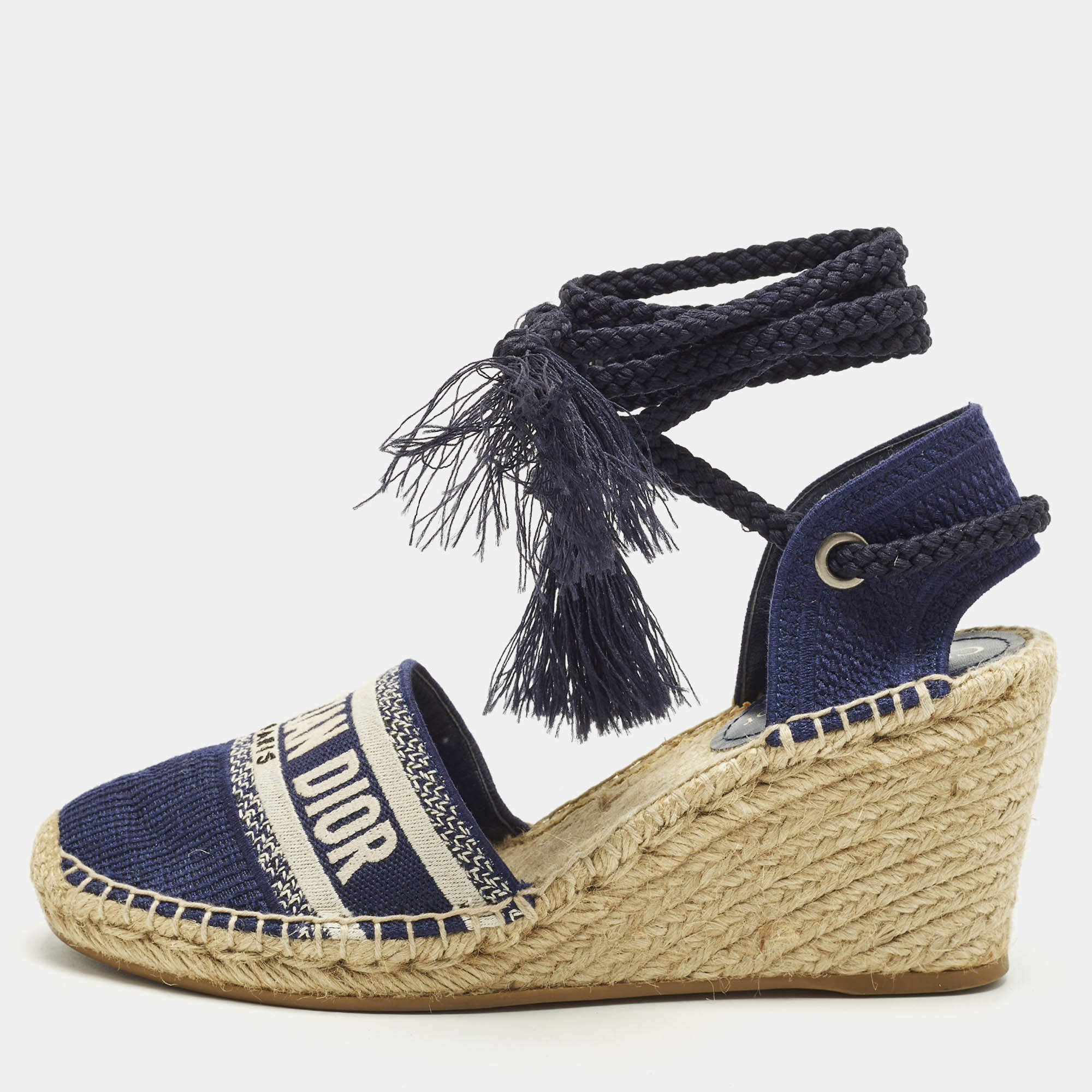 مملوكة مسبقًا Dior Granville Size 40.5 Navy Blue Knit Fabric Wedge Sandals