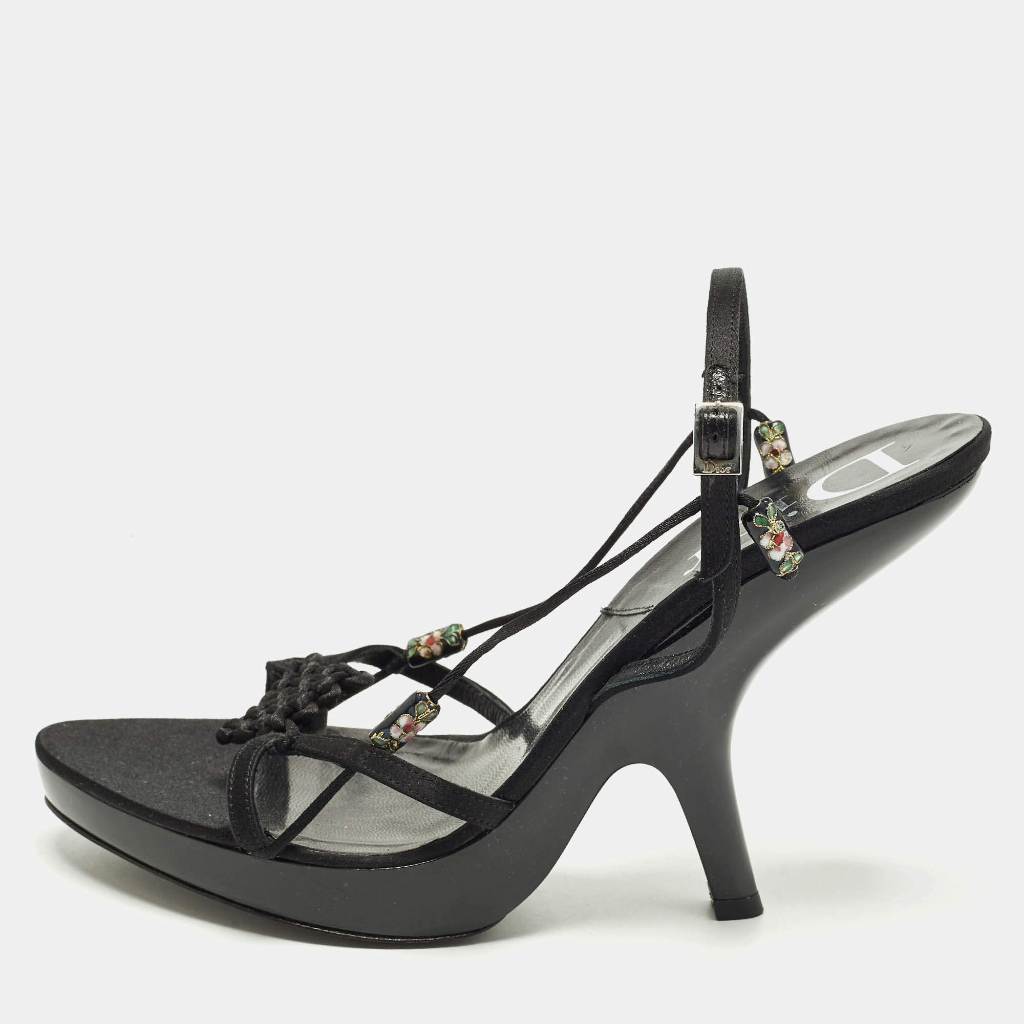 مملوكة مسبقًا Dior Size 40.5 Black Satin Embellished  Ankle Strap Sandals
