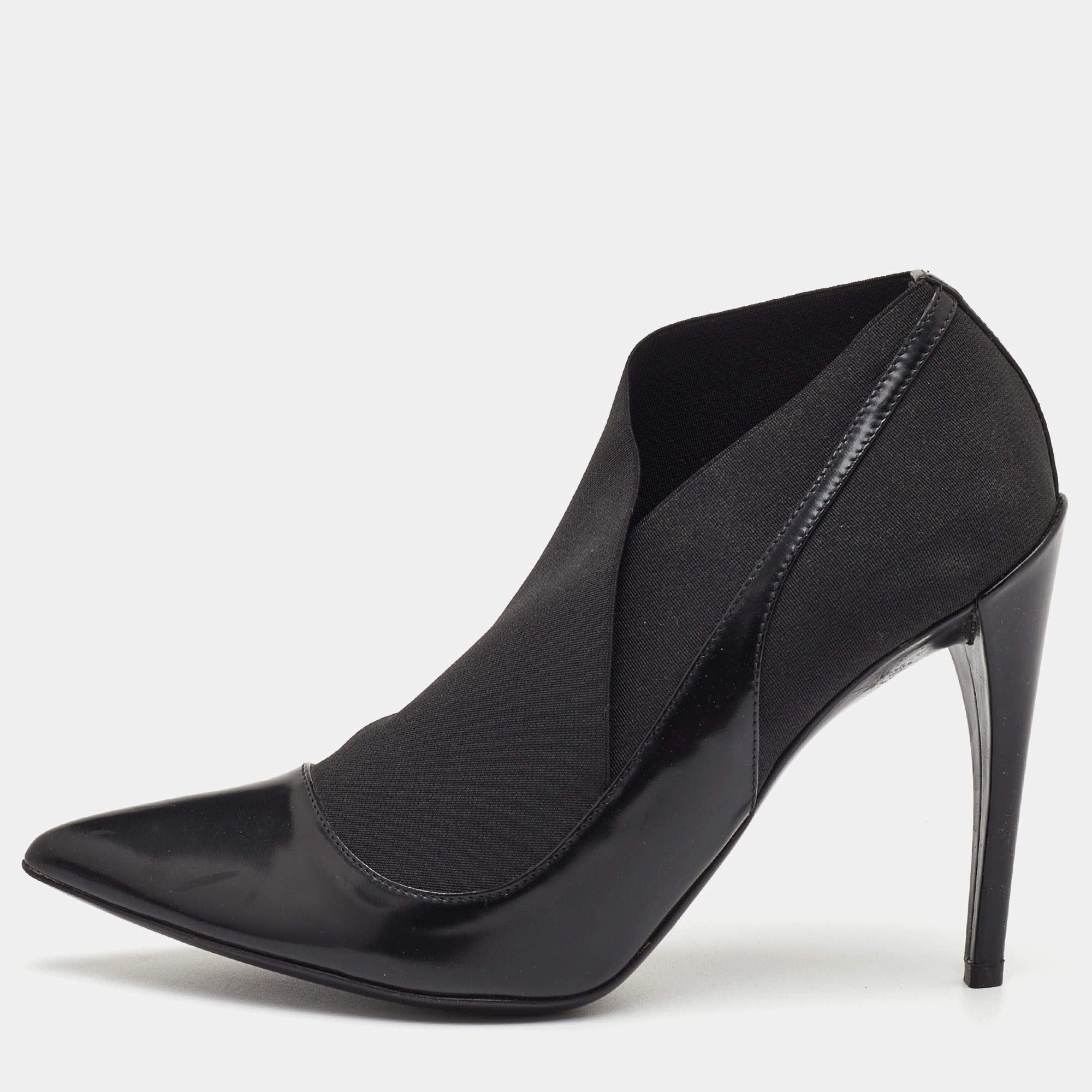 Pre Owned Dior Size 38.5 Black Leather and Stretch Fabric Pointed Toe Ankle Booties