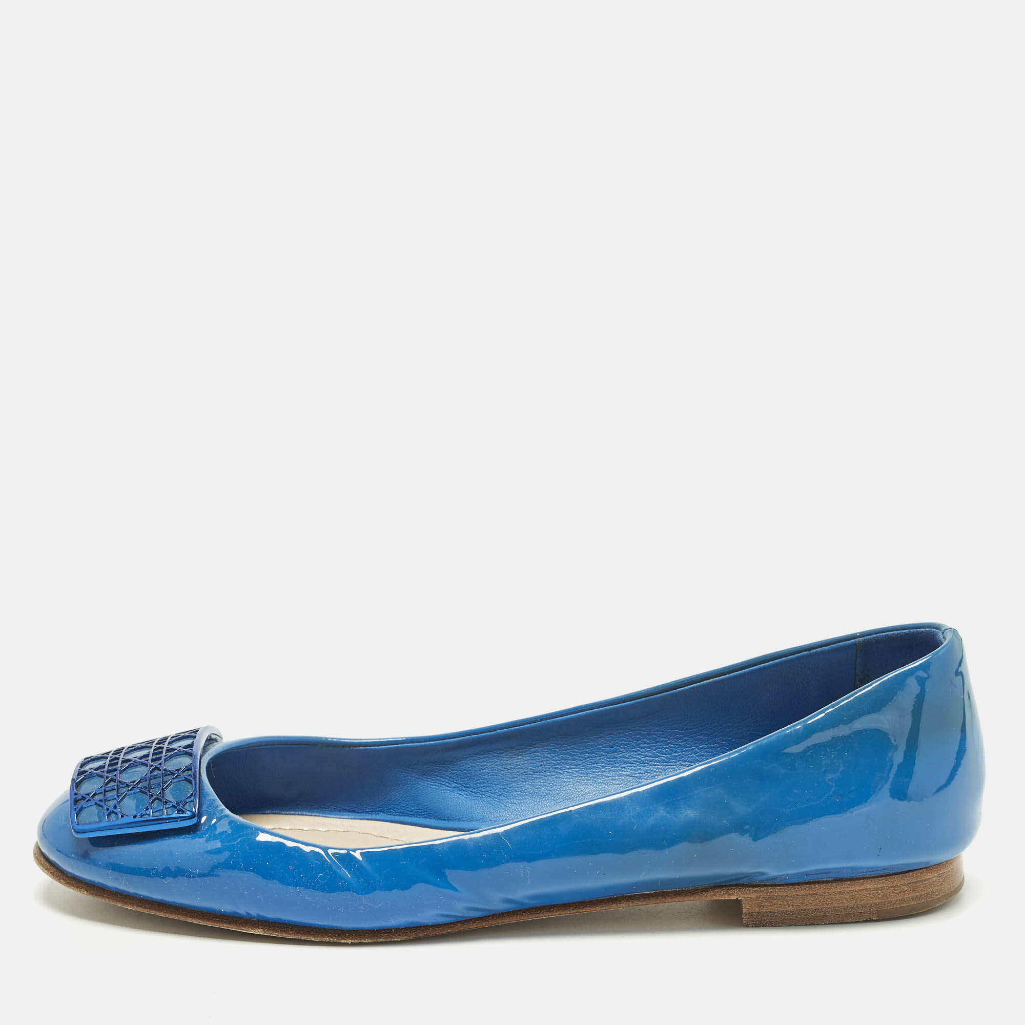 Pre Owned Dior Size 39 Blue Patent Leather Cannage Plague Ballet Flats