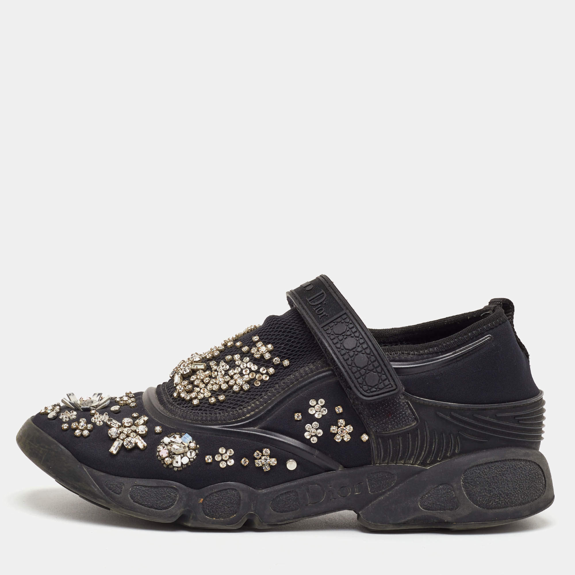 مملوكة مسبقًا Dior Fusion Size 37.5 Black Mesh and Neoprene Embellished Velcro Strap Sneakers