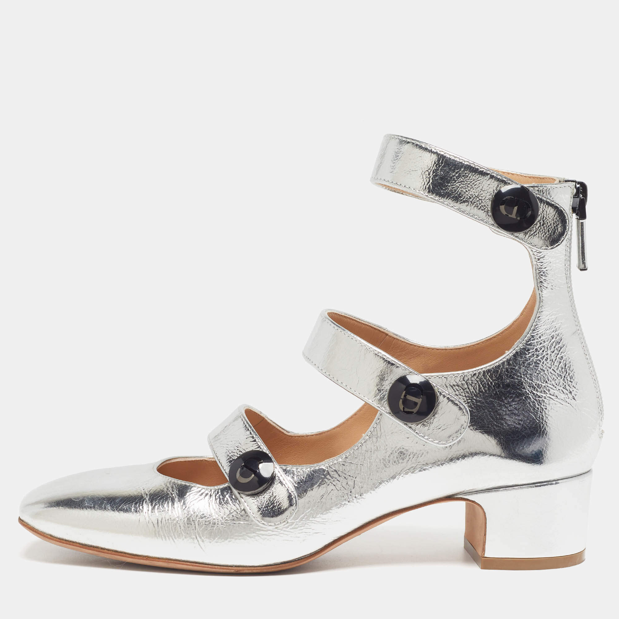 Pre Owned حذاء كعب عالي ديور "بابي-دي" بطراز ماري جان جلد لامع فضي مقاس 40.5