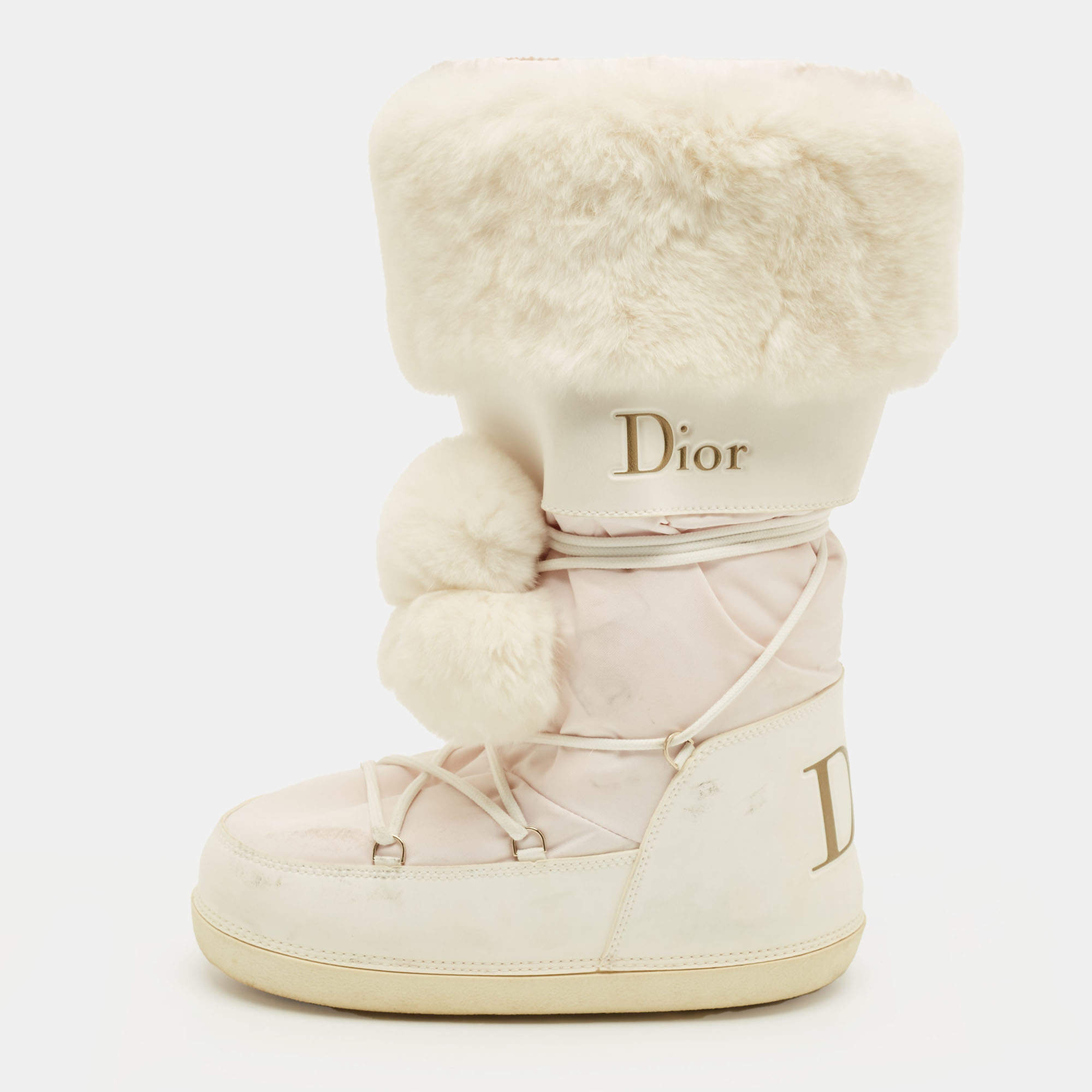 Pre Owned Dior Size 38-40 White/Pink Fur and Leather Snow Boots